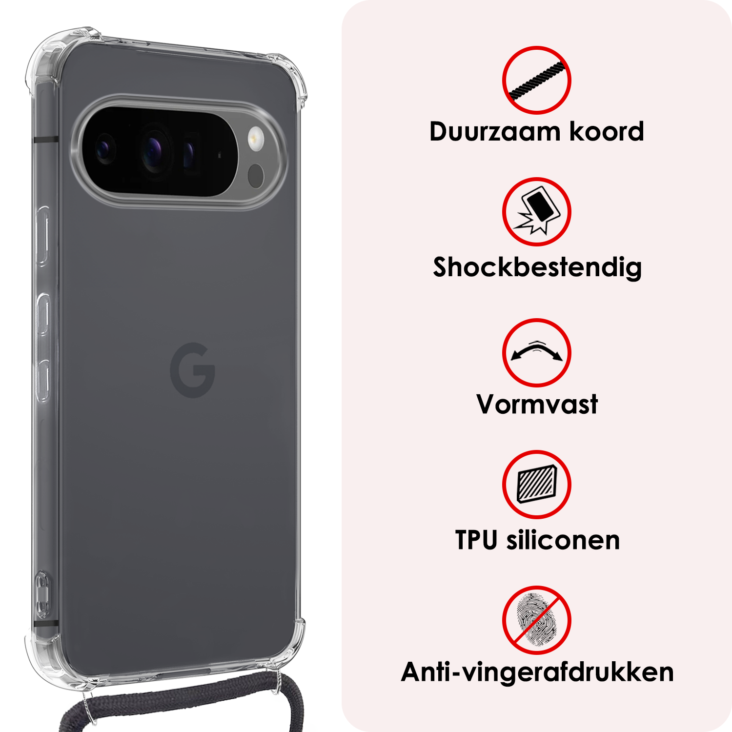 NoXx Hoesje Geschikt voor Google Pixel 9 Pro XL Hoesje Siliconen Shock Proof Hoesje Met Koord Case Met Telefoonkoord - Hoes Geschikt voor Google Pixel 9 Pro XL Hoesje Cover Shockproof Met Koord - Transparant