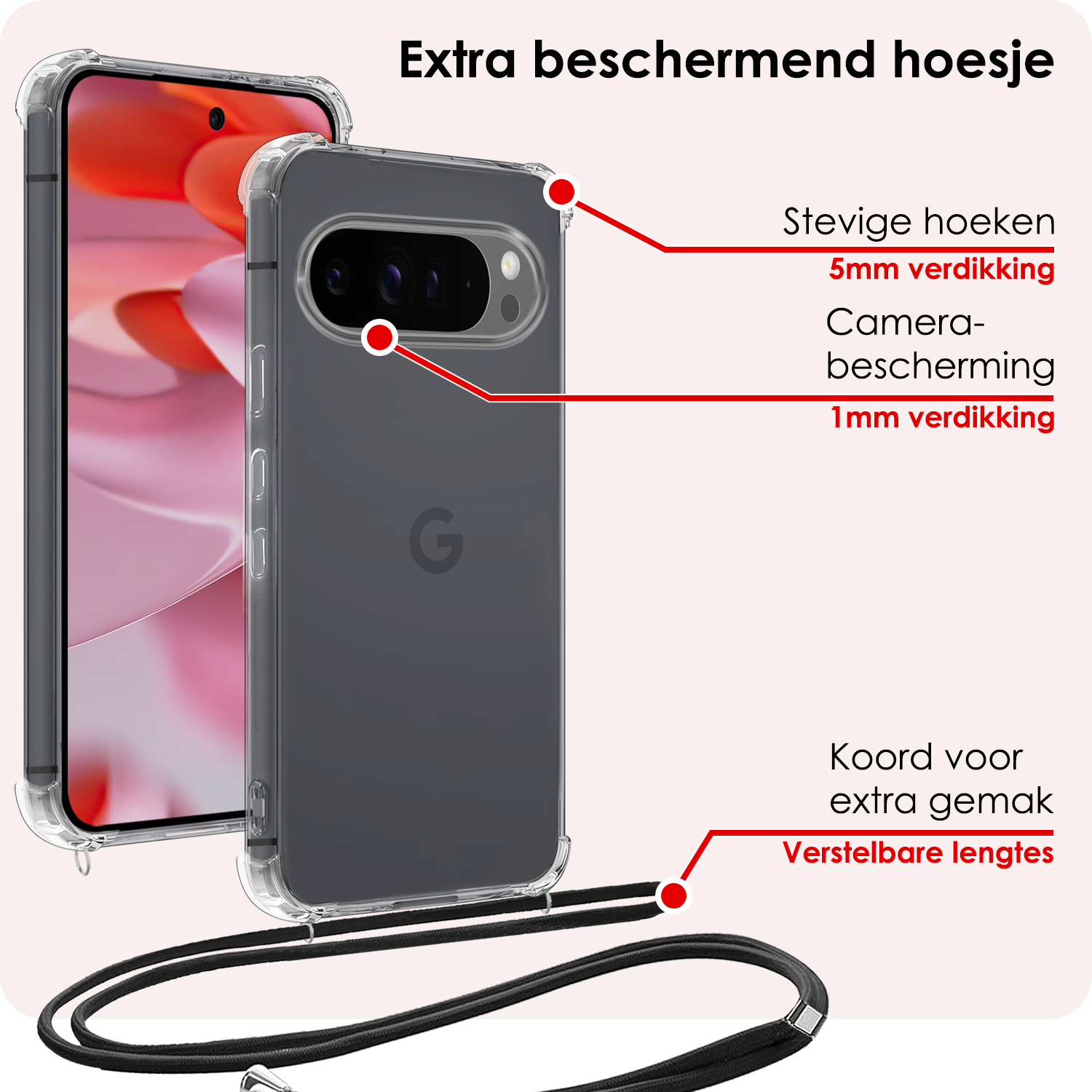 NoXx Hoesje Geschikt voor Google Pixel 9 Pro XL Hoesje Siliconen Shock Proof Hoesje Met Koord Case Met Telefoonkoord - Hoes Geschikt voor Google Pixel 9 Pro XL Hoesje Cover Shockproof Met Koord - Transparant