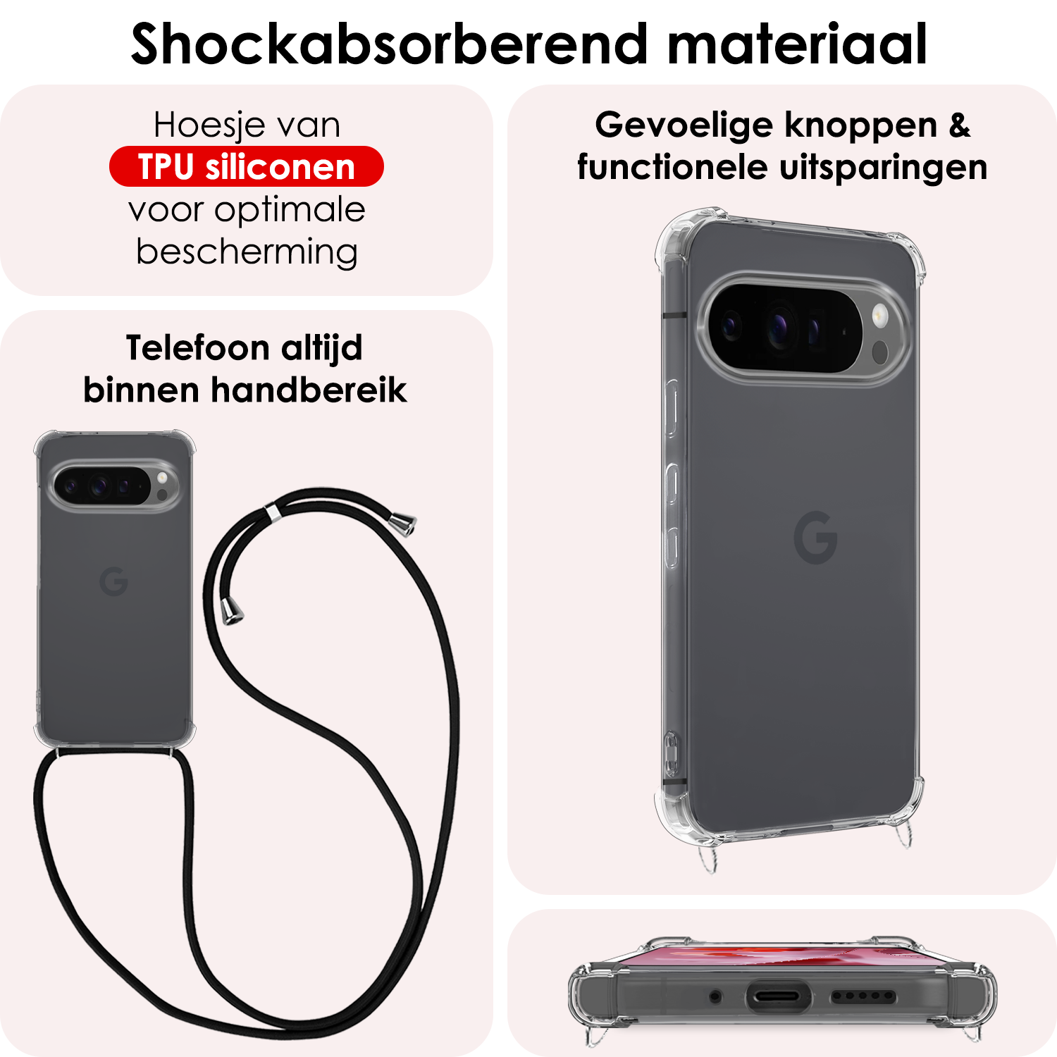 NoXx Hoesje Geschikt voor Google Pixel 9 Pro XL Hoesje Siliconen Shock Proof Hoesje Met Koord Case Met Telefoonkoord - Hoes Geschikt voor Google Pixel 9 Pro XL Hoesje Cover Shockproof Met Koord - Transparant