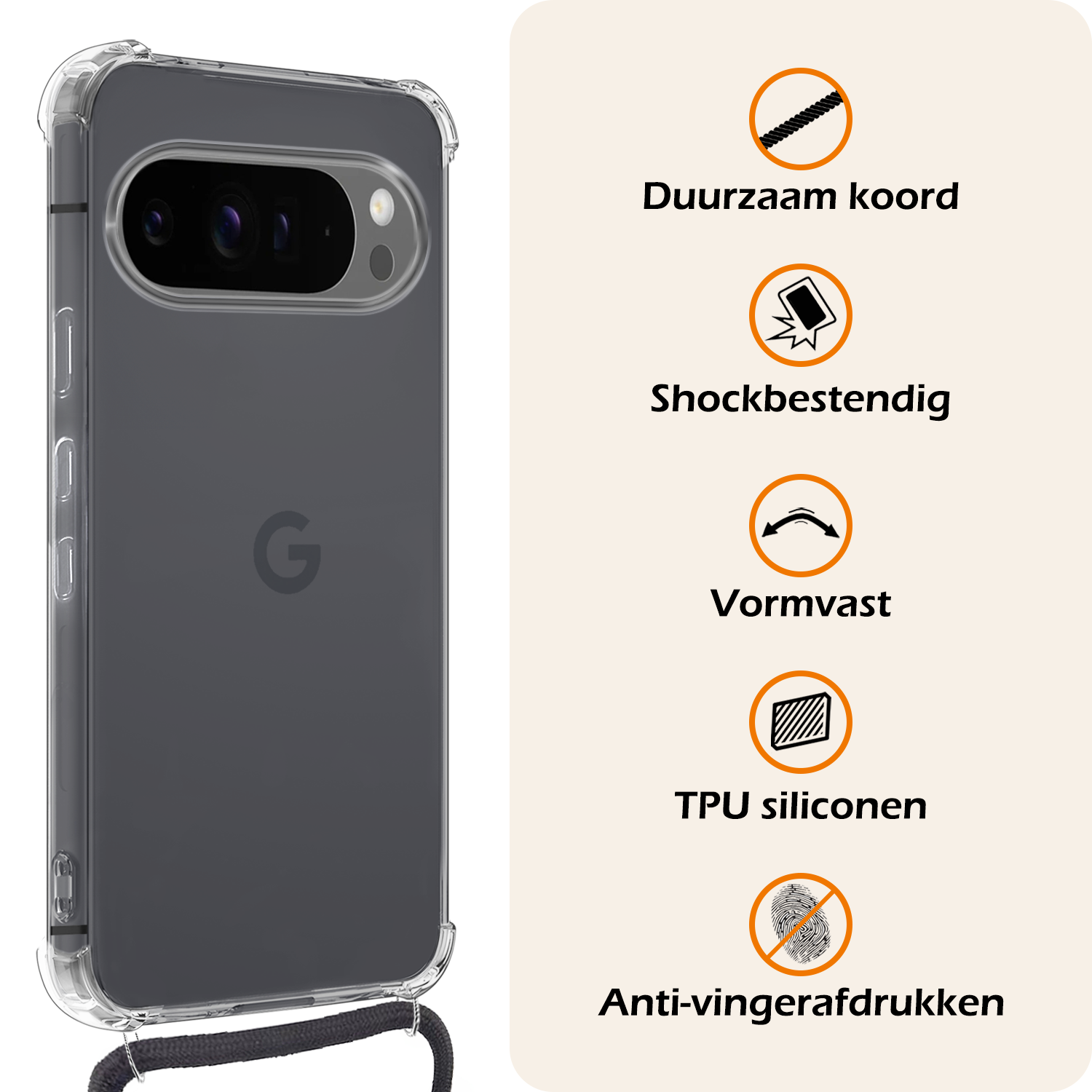 Nomfy Hoesje Geschikt voor Google Pixel 9 Pro XL Hoesje Siliconen Shock Proof Hoesje Met Koord Case Met Telefoonkoord - Hoes Geschikt voor Google Pixel 9 Pro XL Hoesje Cover Shockproof Met Koord - Transparant