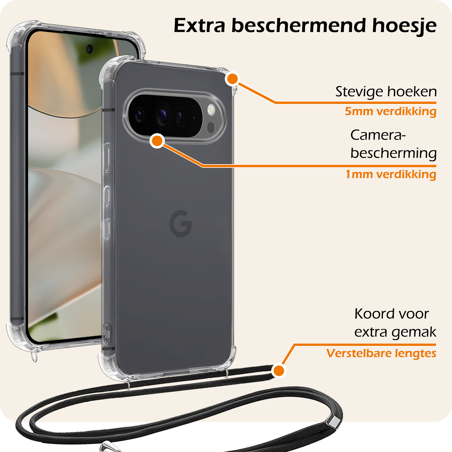 Nomfy Hoesje Geschikt voor Google Pixel 9 Pro XL Hoesje Siliconen Shock Proof Hoesje Met Koord Case Met Telefoonkoord - Hoes Geschikt voor Google Pixel 9 Pro XL Hoesje Cover Shockproof Met Koord - Transparant