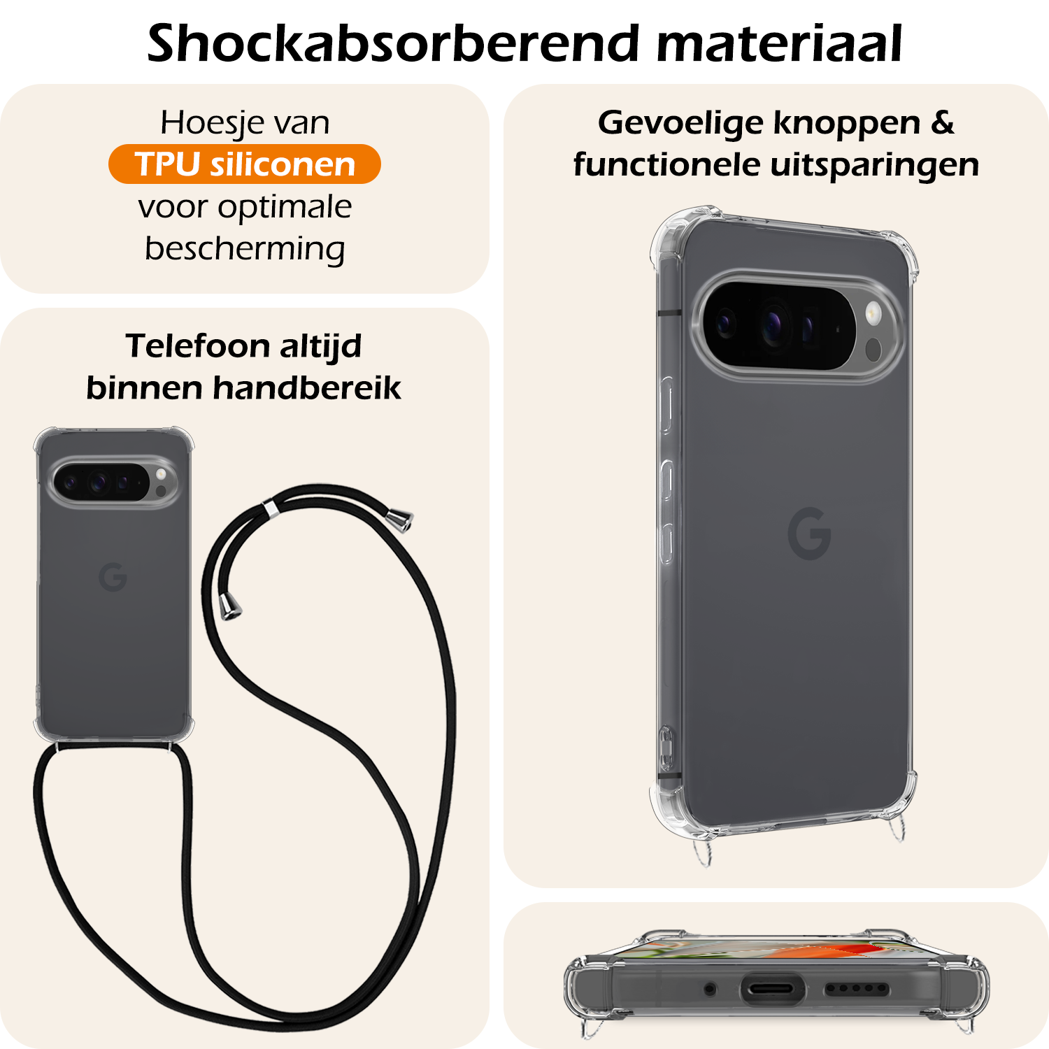 Nomfy Hoesje Geschikt voor Google Pixel 9 Pro XL Hoesje Siliconen Shock Proof Hoesje Met Koord Case Met Telefoonkoord - Hoes Geschikt voor Google Pixel 9 Pro XL Hoesje Cover Shockproof Met Koord - Transparant