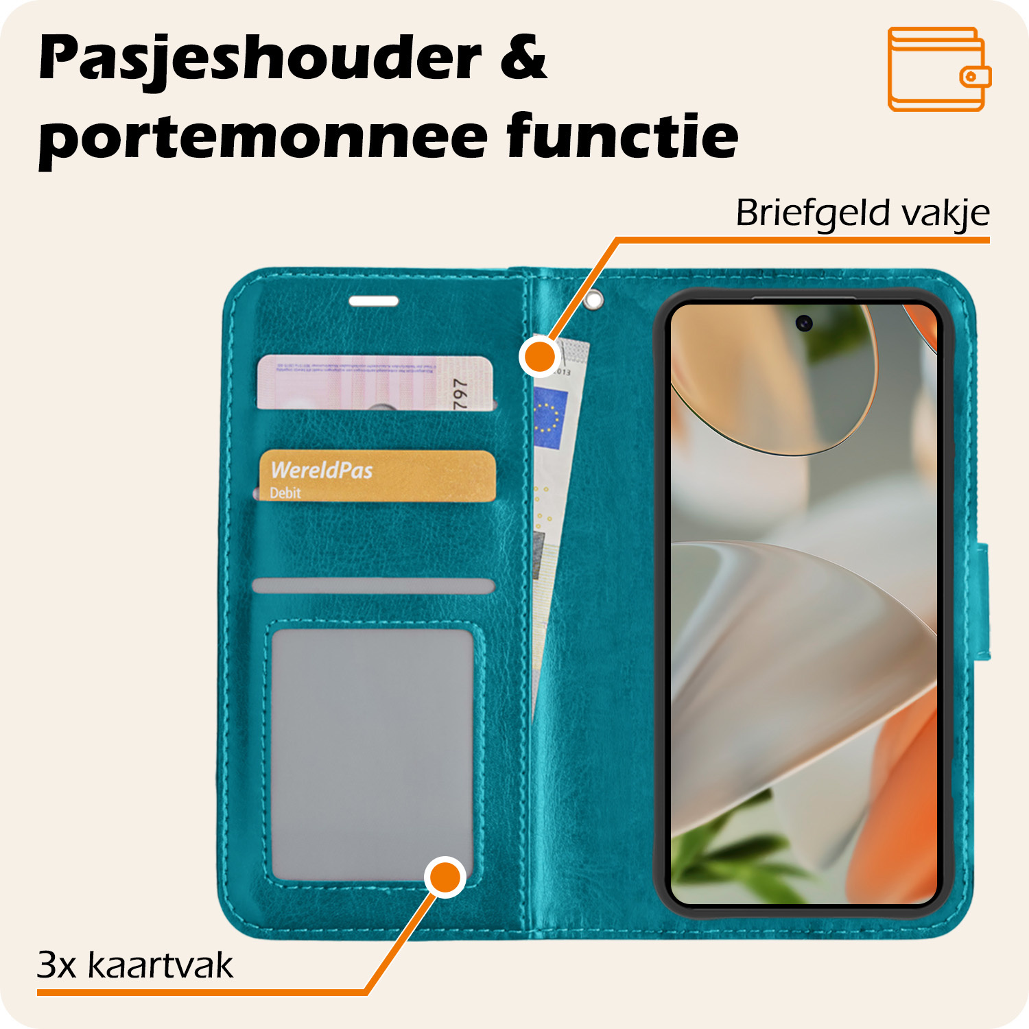 Nomfy Hoesje Geschikt voor Google Pixel 9 Pro XL Hoesje Book Case Hoes Portemonnee Cover Walletcase Met 2x Screenprotector - Hoes Geschikt voor Google Pixel 9 Pro XL Hoes Bookcase Hoesje - Turquoise