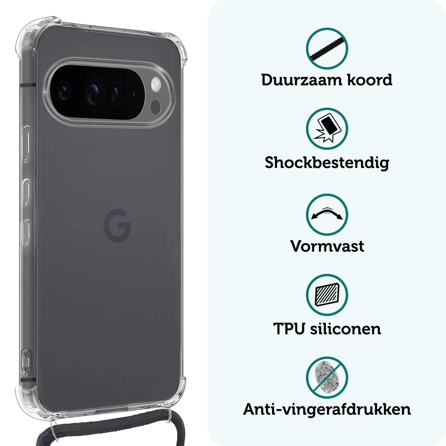 Forterra Hoesje Geschikt voor Google Pixel 9 Pro XL Hoesje Siliconen Shock Proof Hoesje Met Koord Case Met Telefoonkoord - Hoes Geschikt voor Google Pixel 9 Pro XL Hoesje Cover Shockproof Met Koord - Transparant