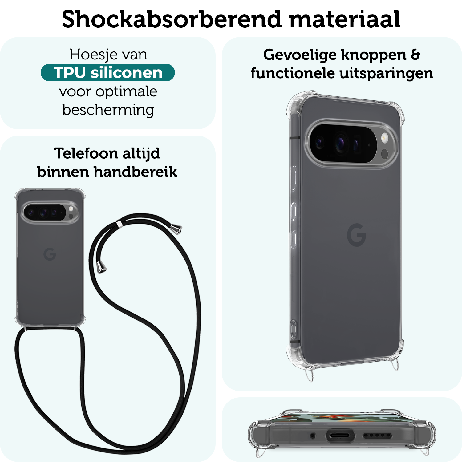 Forterra Hoesje Geschikt voor Google Pixel 9 Pro XL Hoesje Siliconen Shock Proof Hoesje Met Koord Case Met Telefoonkoord - Hoes Geschikt voor Google Pixel 9 Pro XL Hoesje Cover Shockproof Met Koord - Transparant