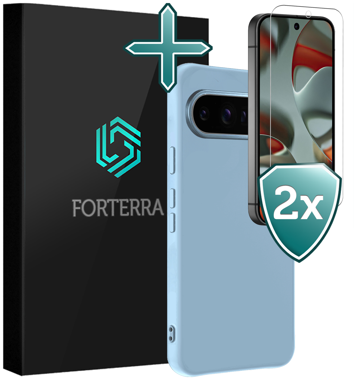 Forterra Hoesje Geschikt voor Google Pixel 9 Pro XL Hoesje Siliconen Case Hoes Met 2x Screenprotector - Hoes Geschikt voor Google Pixel 9 Pro XL Hoes Cover Case - Lichtblauw
