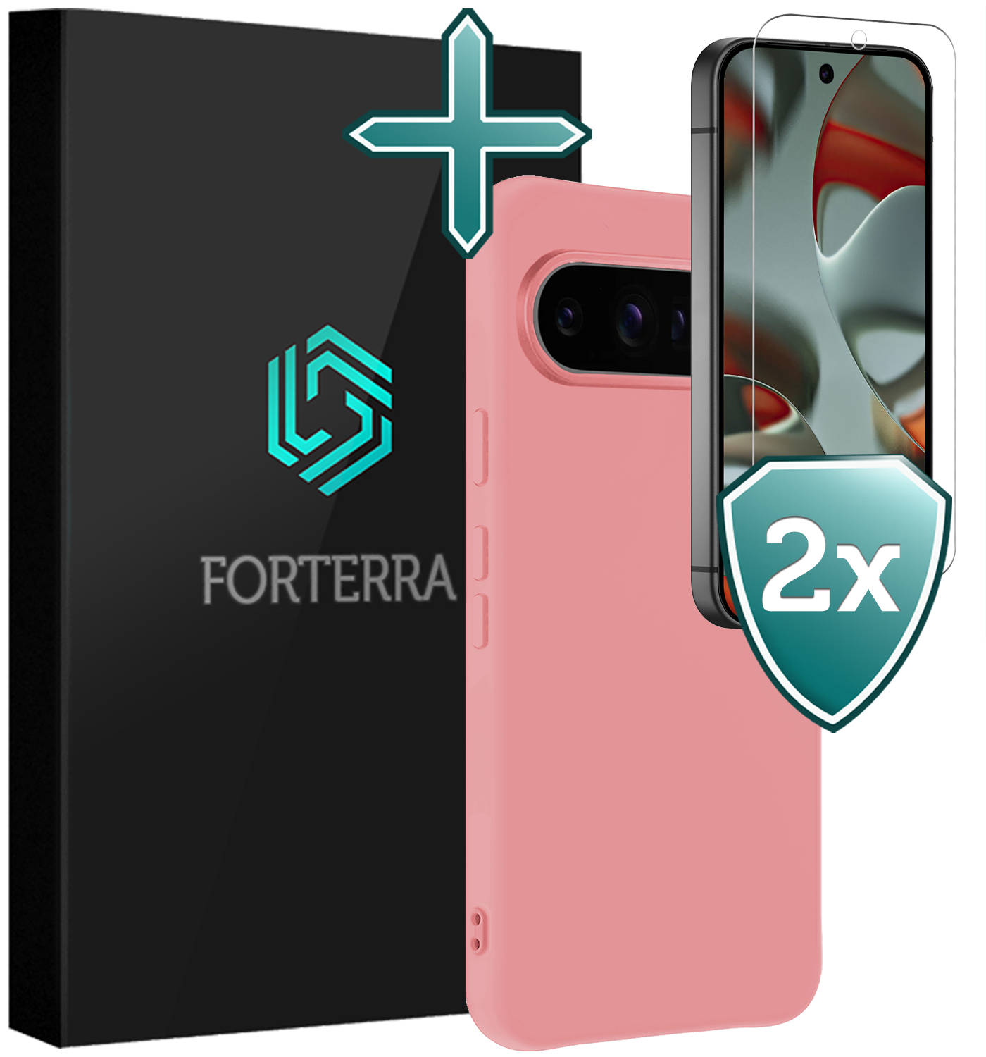 Forterra Hoesje Geschikt voor Google Pixel 9 Pro XL Hoesje Siliconen Case Hoes Met 2x Screenprotector - Hoes Geschikt voor Google Pixel 9 Pro XL Hoes Cover Case - Lichtroze