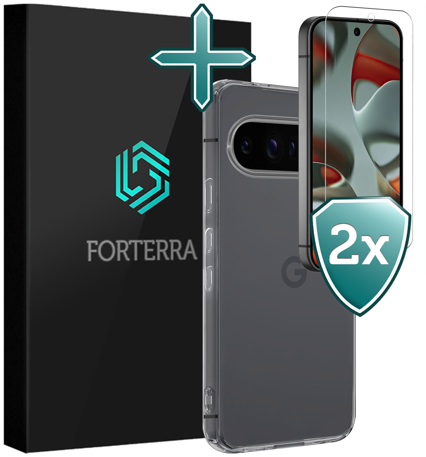 Forterra Hoesje Geschikt voor Google Pixel 9 Pro XL Hoesje Siliconen Case Hoes Met 2x Screenprotector - Hoes Geschikt voor Google Pixel 9 Pro XL Hoes Cover Case - Transparant
