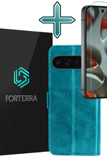 Forterra Hoesje Geschikt voor Google Pixel 9 Pro XL Hoesje Book Case Hoes Portemonnee Cover Walletcase Met Screenprotector - Hoes Geschikt voor Google Pixel 9 Pro XL Hoes Bookcase Hoesje - Turquoise