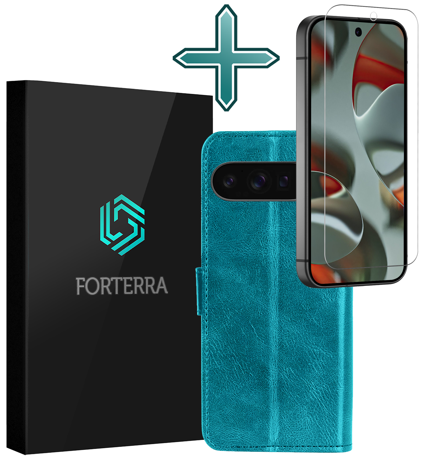 Forterra Hoesje Geschikt voor Google Pixel 9 Pro XL Hoesje Book Case Hoes Portemonnee Cover Walletcase Met Screenprotector - Hoes Geschikt voor Google Pixel 9 Pro XL Hoes Bookcase Hoesje - Turquoise