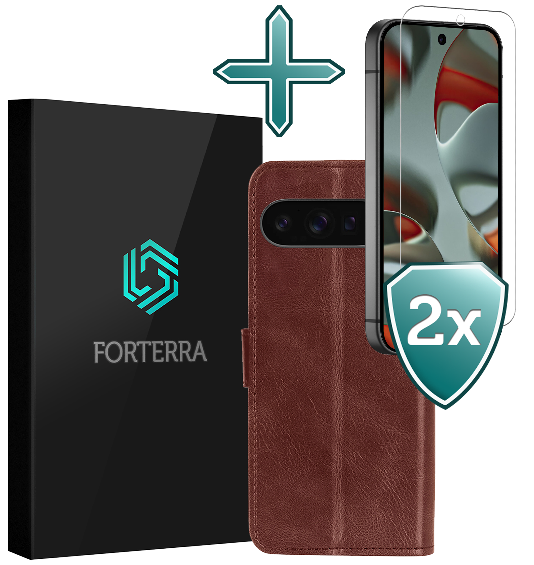Forterra Hoesje Geschikt voor Google Pixel 9 Pro XL Hoesje Book Case Hoes Portemonnee Cover Walletcase Met 2x Screenprotector - Hoes Geschikt voor Google Pixel 9 Pro XL Hoes Bookcase Hoesje - Bruin