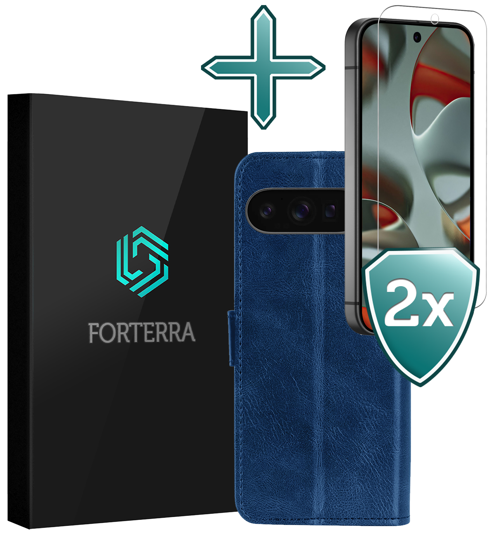 Forterra Hoesje Geschikt voor Google Pixel 9 Pro XL Hoesje Book Case Hoes Portemonnee Cover Walletcase Met 2x Screenprotector - Hoes Geschikt voor Google Pixel 9 Pro XL Hoes Bookcase Hoesje - Donkerblauw