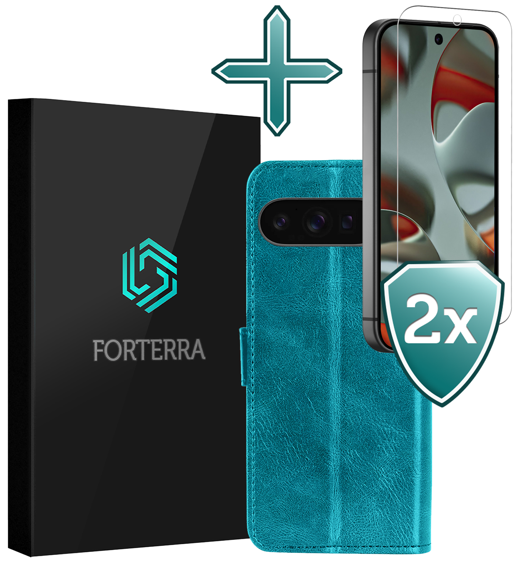 Forterra Hoesje Geschikt voor Google Pixel 9 Pro XL Hoesje Book Case Hoes Portemonnee Cover Walletcase Met 2x Screenprotector - Hoes Geschikt voor Google Pixel 9 Pro XL Hoes Bookcase Hoesje - Turquoise