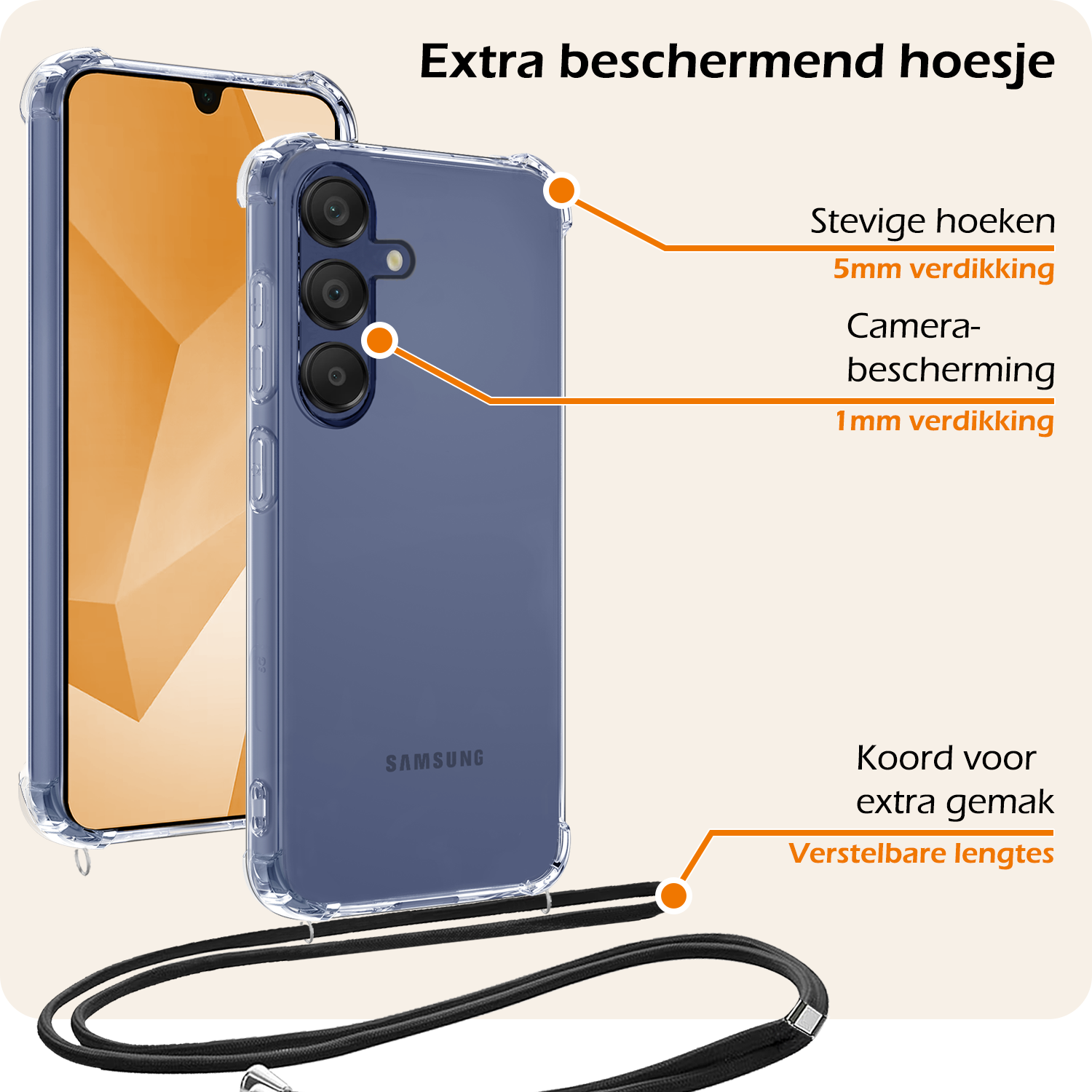 Nomfy Hoesje Geschikt voor Samsung A16 Hoesje Shock Proof Transparant Met Telefoonketting Case Shock Koord - Hoesje Geschikt voor Samsung Galaxy A16 Shock Proof Case Met Koord - Transparant