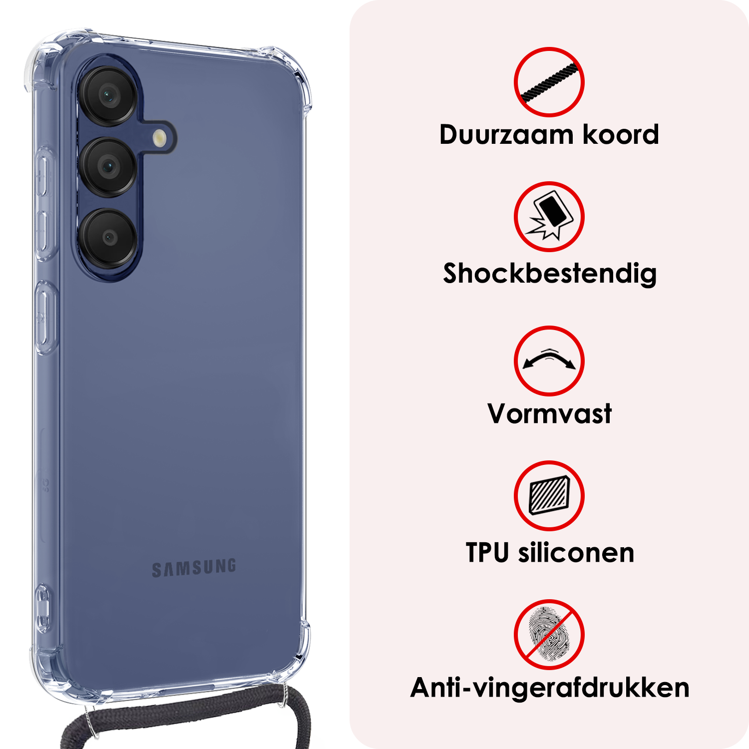 NoXx Hoes Geschikt voor Samsung A16 Hoesje Transparant Met Telefoonkoord Cover Shock Proof Case Koord Hoes
