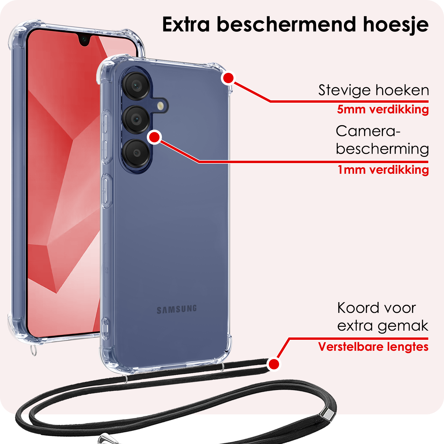 NoXx Hoes Geschikt voor Samsung A16 Hoesje Transparant Met Telefoonkoord Cover Shock Proof Case Koord Hoes