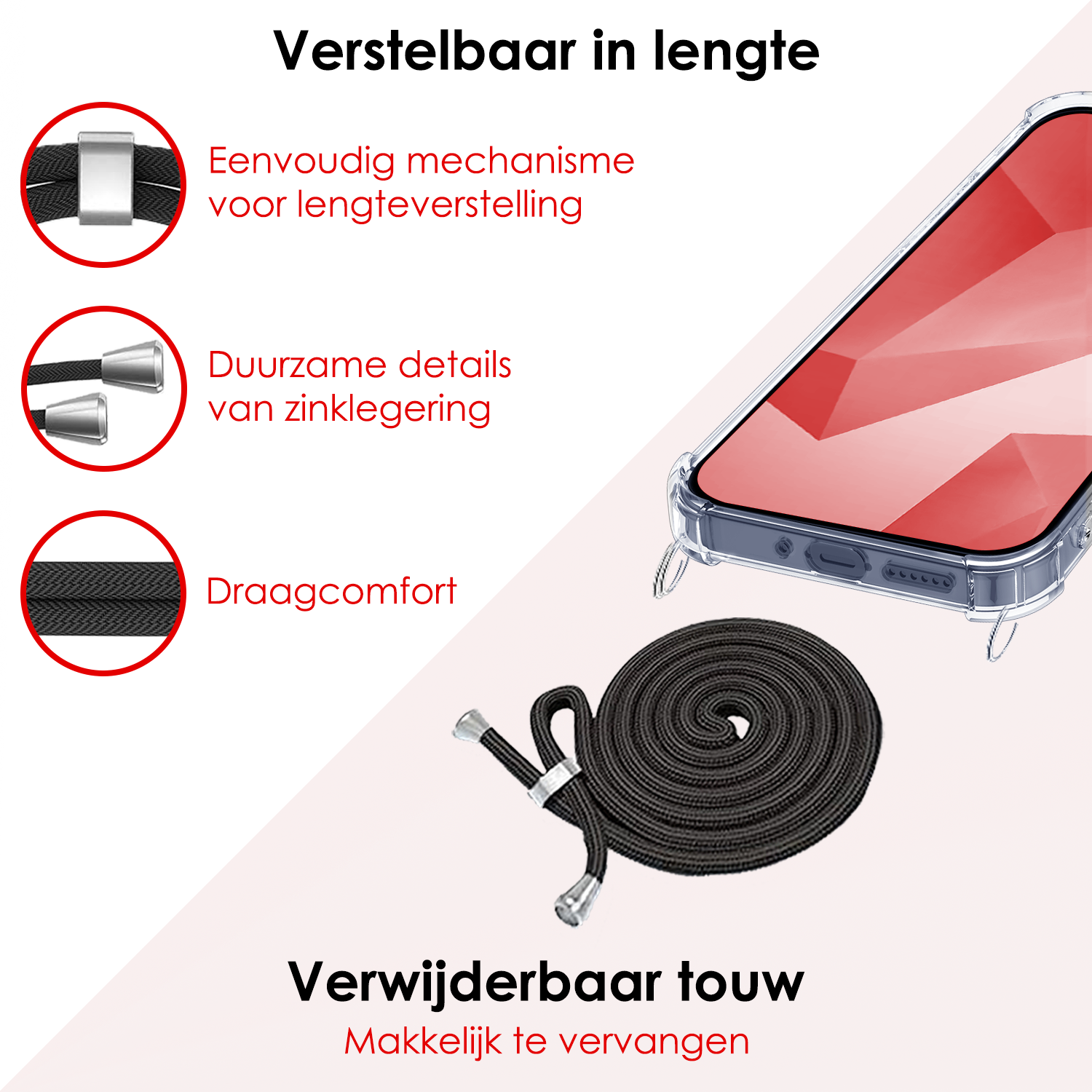 NoXx Hoes Geschikt voor Samsung A16 Hoesje Transparant Met Telefoonkoord Cover Shock Proof Case Koord Hoes