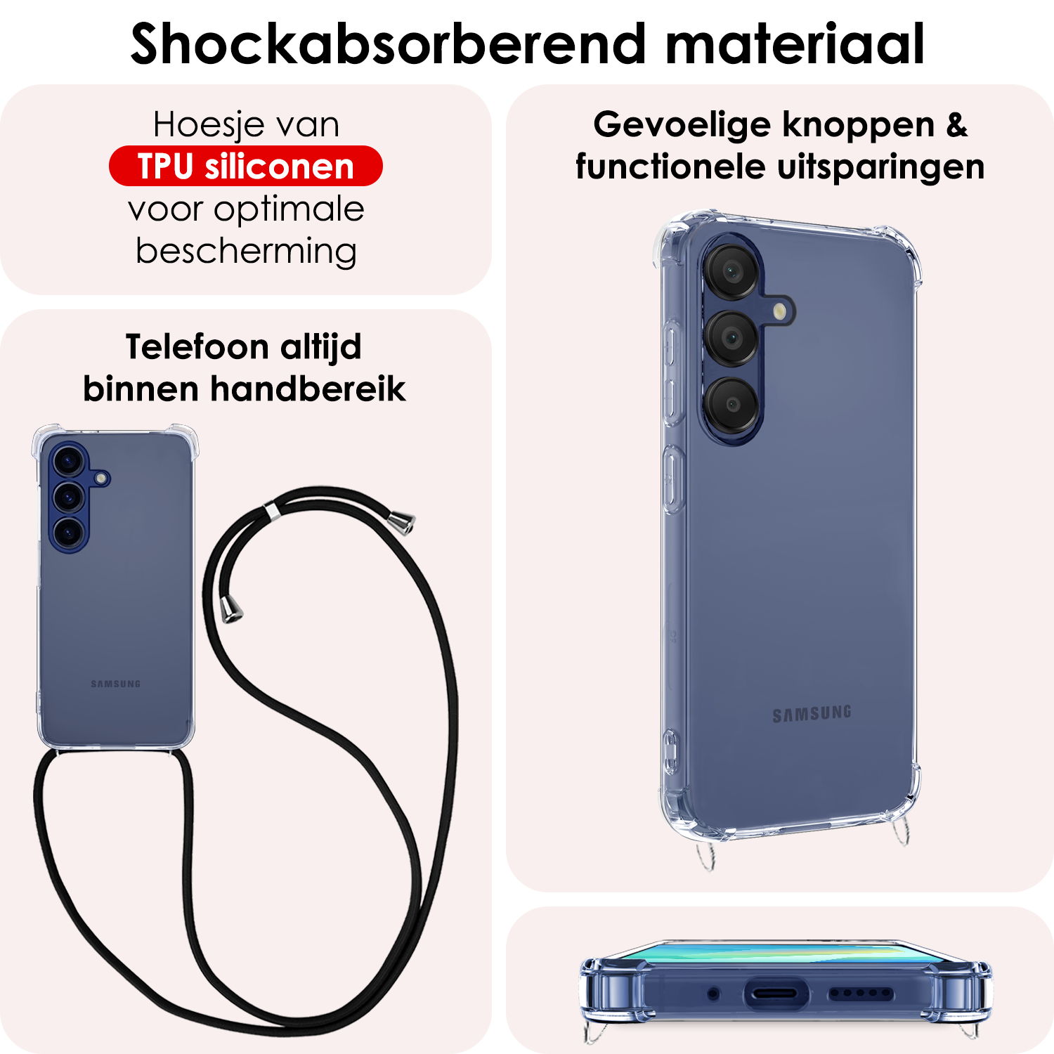 NoXx Hoes Geschikt voor Samsung A16 Hoesje Transparant Met Telefoonkoord Cover Shock Proof Case Koord Hoes