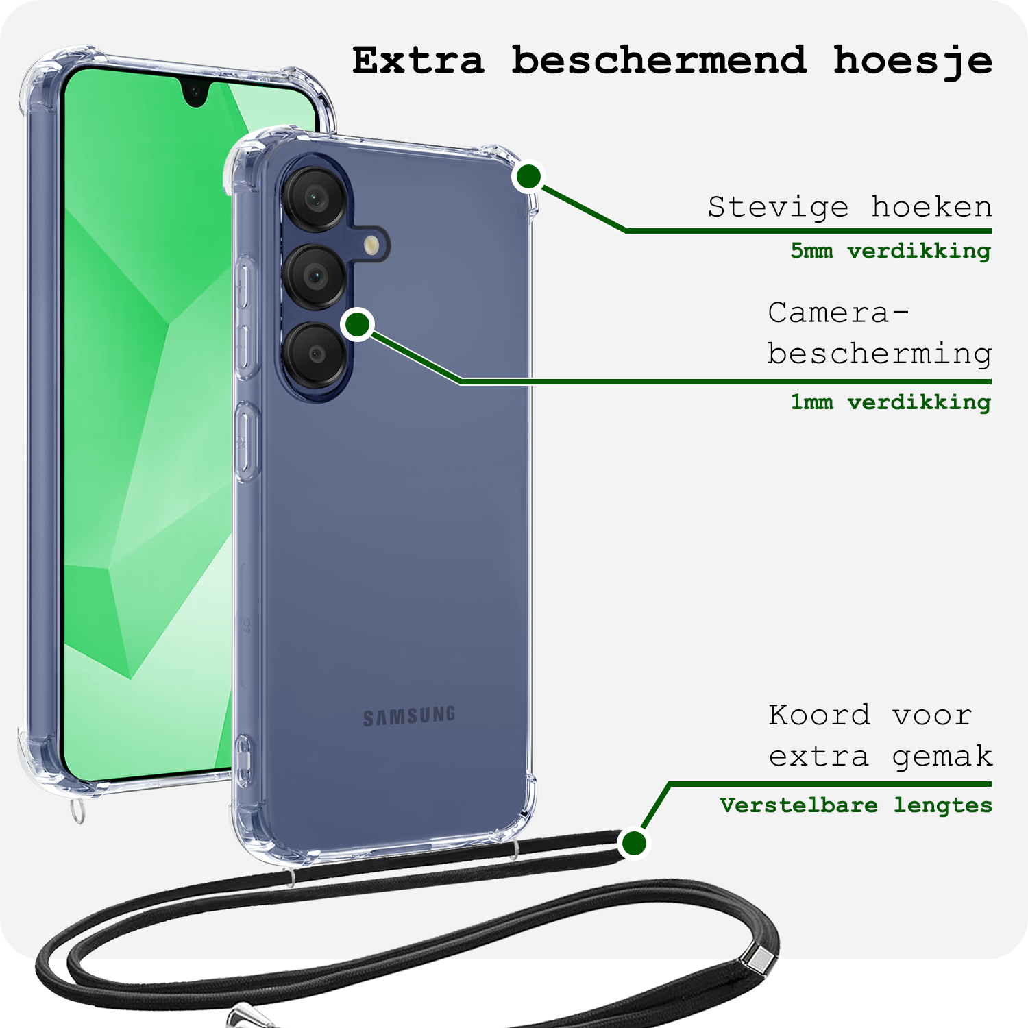 BASEY. Hoes Geschikt voor Samsung A16 Hoesje Shock Proof Case Met Koord Shock Hoes Met Koord - Hoesje Geschikt voor Samsung Galaxy A16 Hoes Cover Met Koord - Transparant