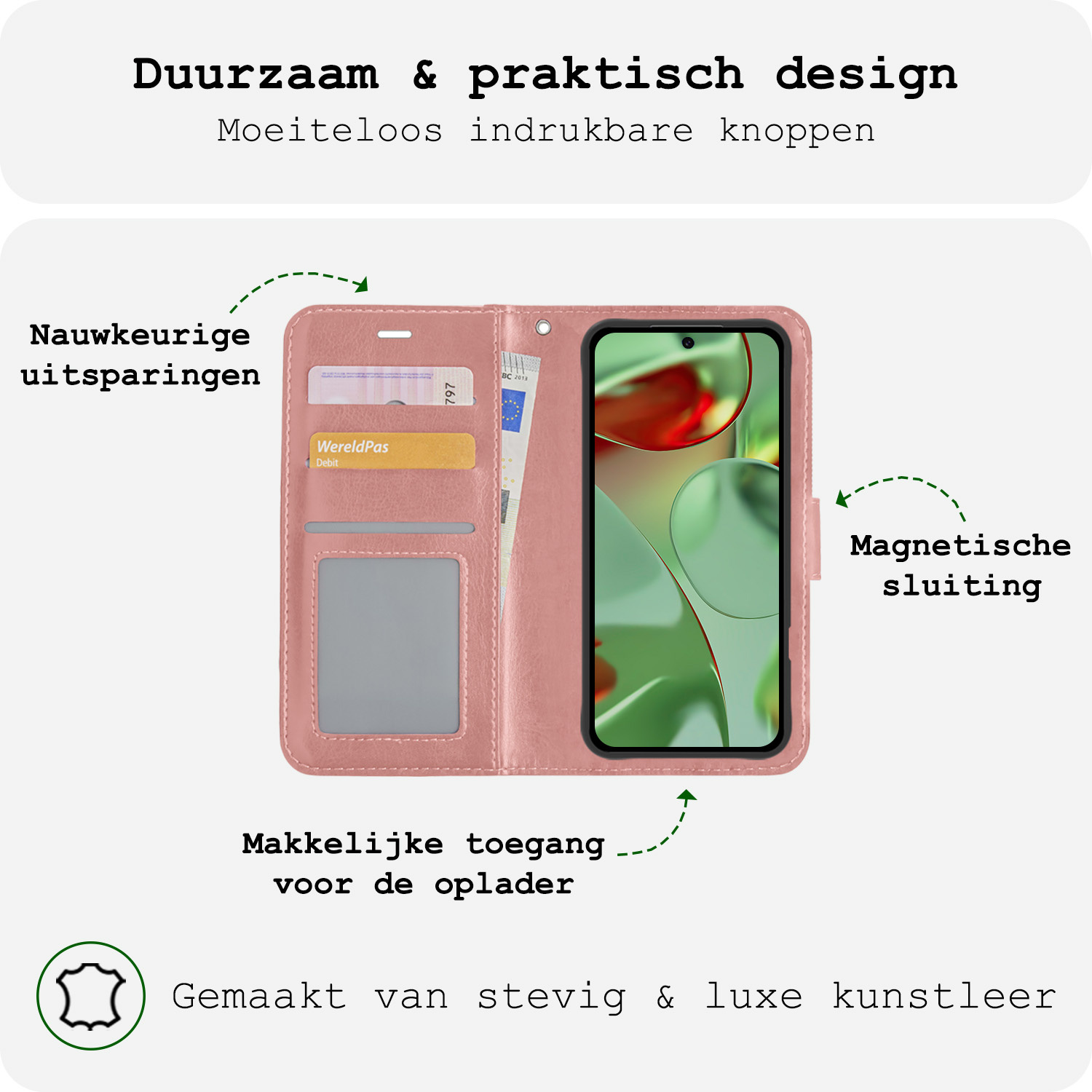 BASEY. Hoesje Geschikt voor Google Pixel 9 Pro XL Hoesje Book Case Hoes Portemonnee Cover Walletcase Met 2x Screenprotector - Hoes Geschikt voor Google Pixel 9 Pro XL Hoes Bookcase Hoesje - Rosé goud