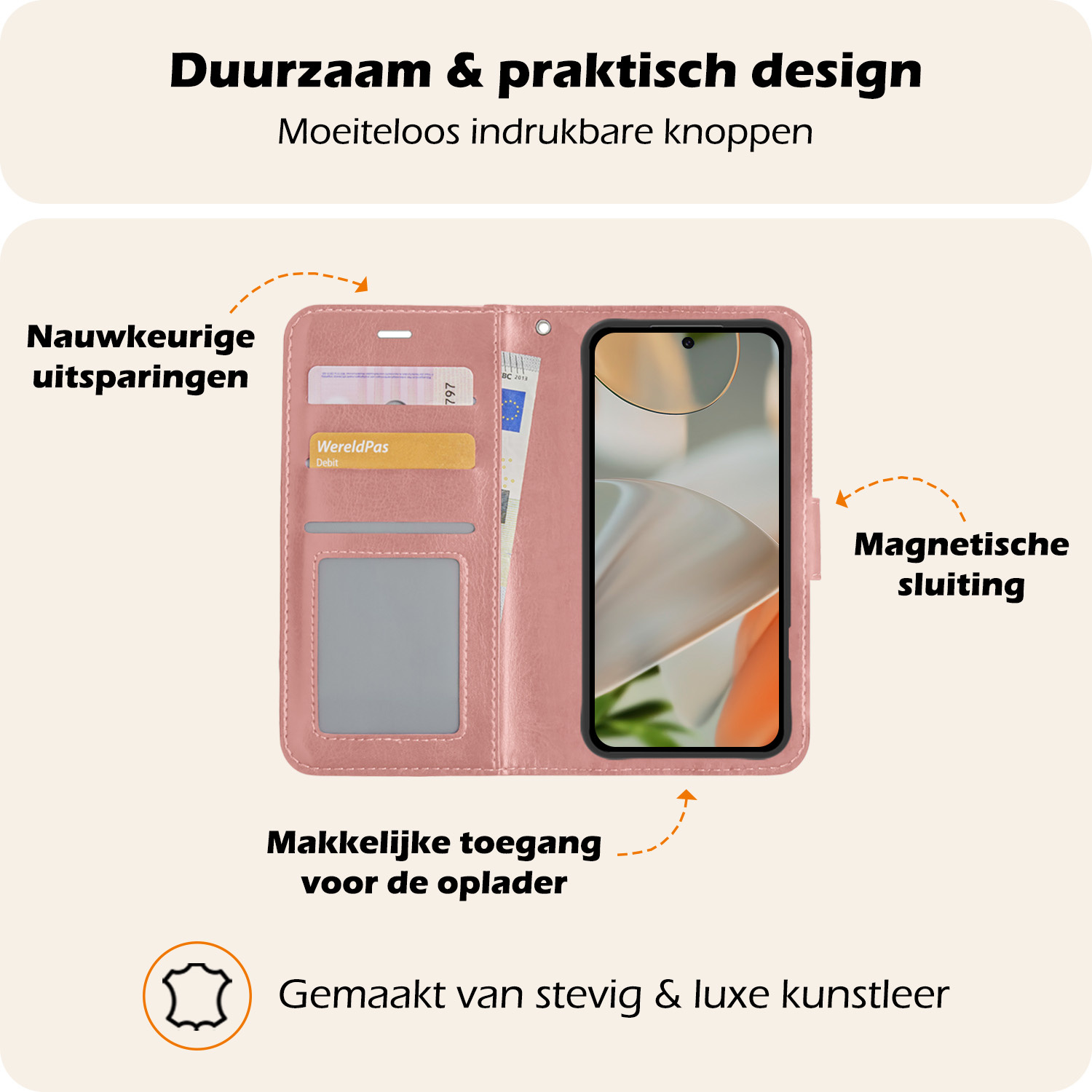 Nomfy Hoesje Geschikt voor Google Pixel 9 Pro XL Hoesje Book Case Hoes Portemonnee Cover Walletcase Met Screenprotector - Hoes Geschikt voor Google Pixel 9 Pro XL Hoes Bookcase Hoesje - Rosé goud