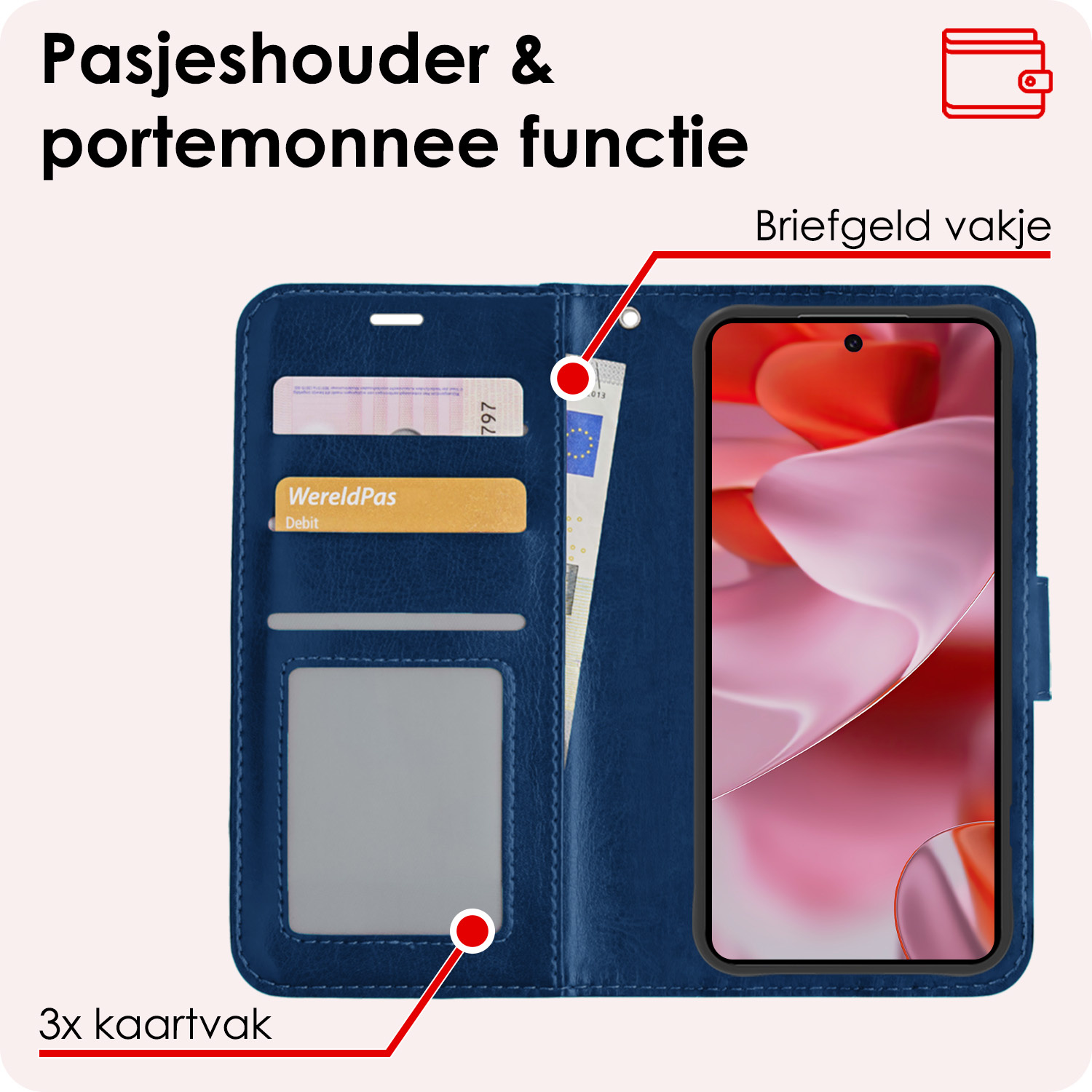 NoXx Hoesje Geschikt voor Google Pixel 9 Pro XL Hoesje Book Case Hoes Portemonnee Cover Walletcase Met Screenprotector - Hoes Geschikt voor Google Pixel 9 Pro XL Hoes Bookcase Hoesje - Donkerblauw