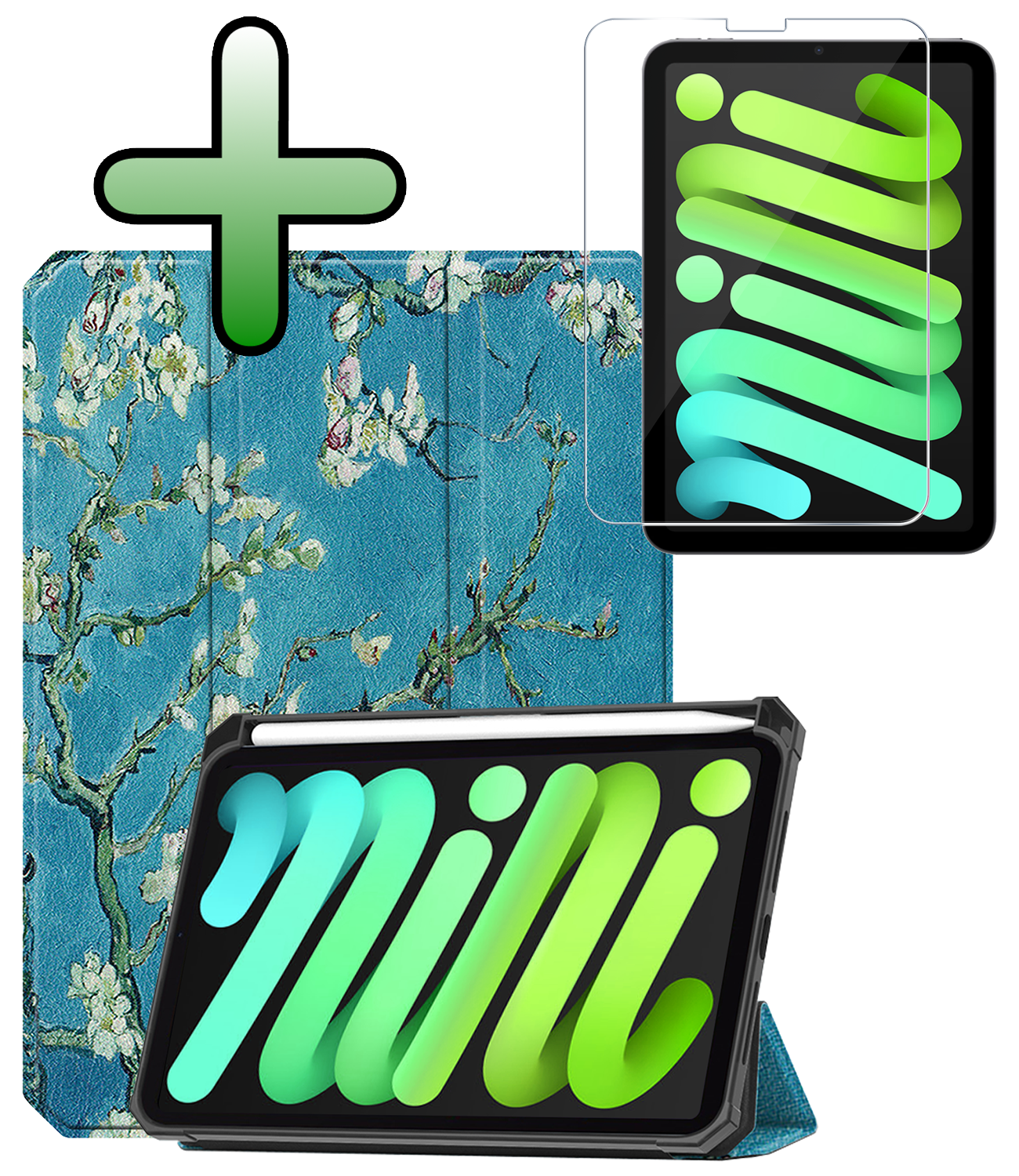 BASEY. BASEY. iPad Mini 7 Hoesje Met Uitsparing Apple Pencil En Met Screenprotector - Witte Bloesem