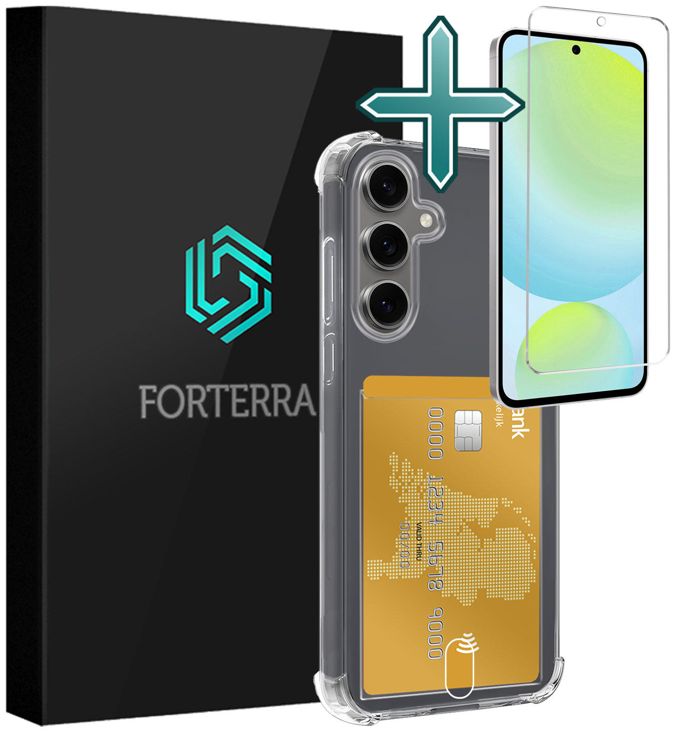 Forterra Hoesje Geschikt voor Samsung S24 FE Pashouder Case Siliconen Hoes Met Screenprotector - Hoes Geschikt voor Samsung Galaxy S24 FE Hoesje Back Cover Met Pasjeshouder - Transparant