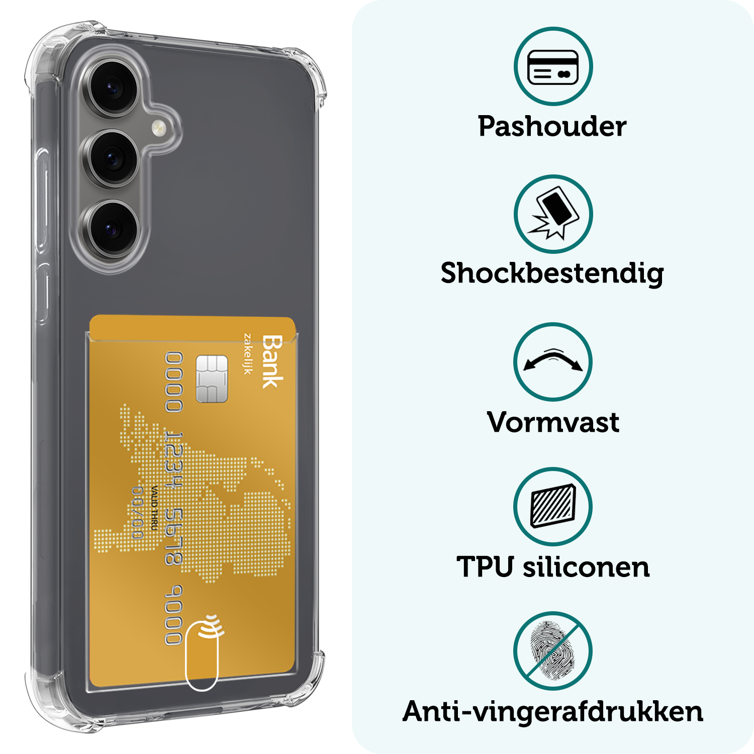 Forterra Hoesje Geschikt voor Samsung S24 FE Pashouder Case Siliconen Hoes Met Screenprotector - Hoes Geschikt voor Samsung Galaxy S24 FE Hoesje Back Cover Met Pasjeshouder - Transparant