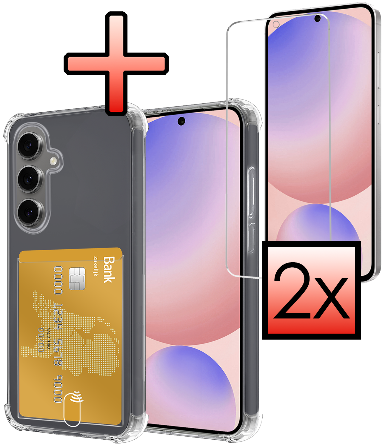 NoXx Hoes Geschikt voor Samsung S24 FE Hoesje Pasjeshouder Cover Shock Proof Case Siliconen Hoes Met Kaarthouder Met 2x Screenprotector - Transparant