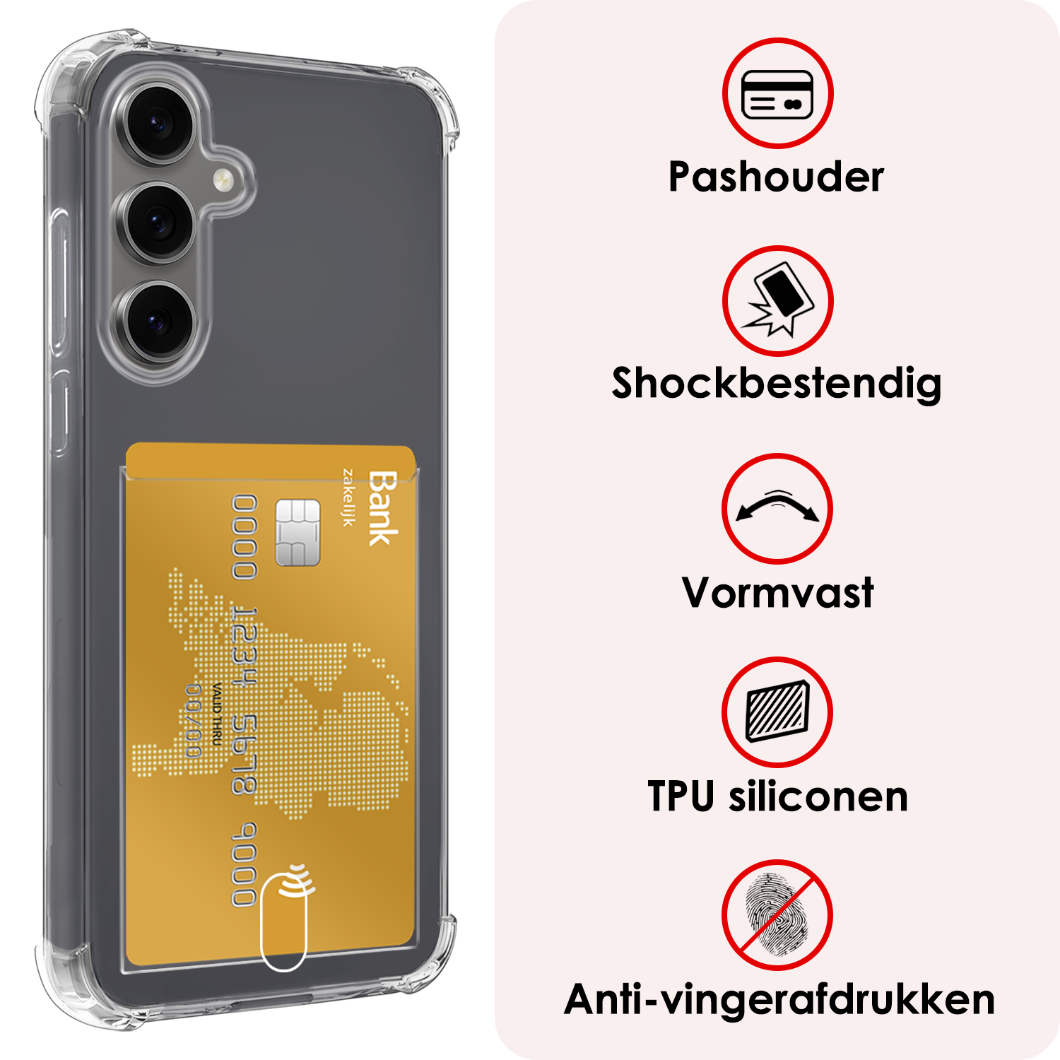NoXx Hoes Geschikt voor Samsung S24 FE Hoesje Pasjeshouder Cover Shock Proof Case Siliconen Hoes Met Kaarthouder Met 2x Screenprotector - Transparant