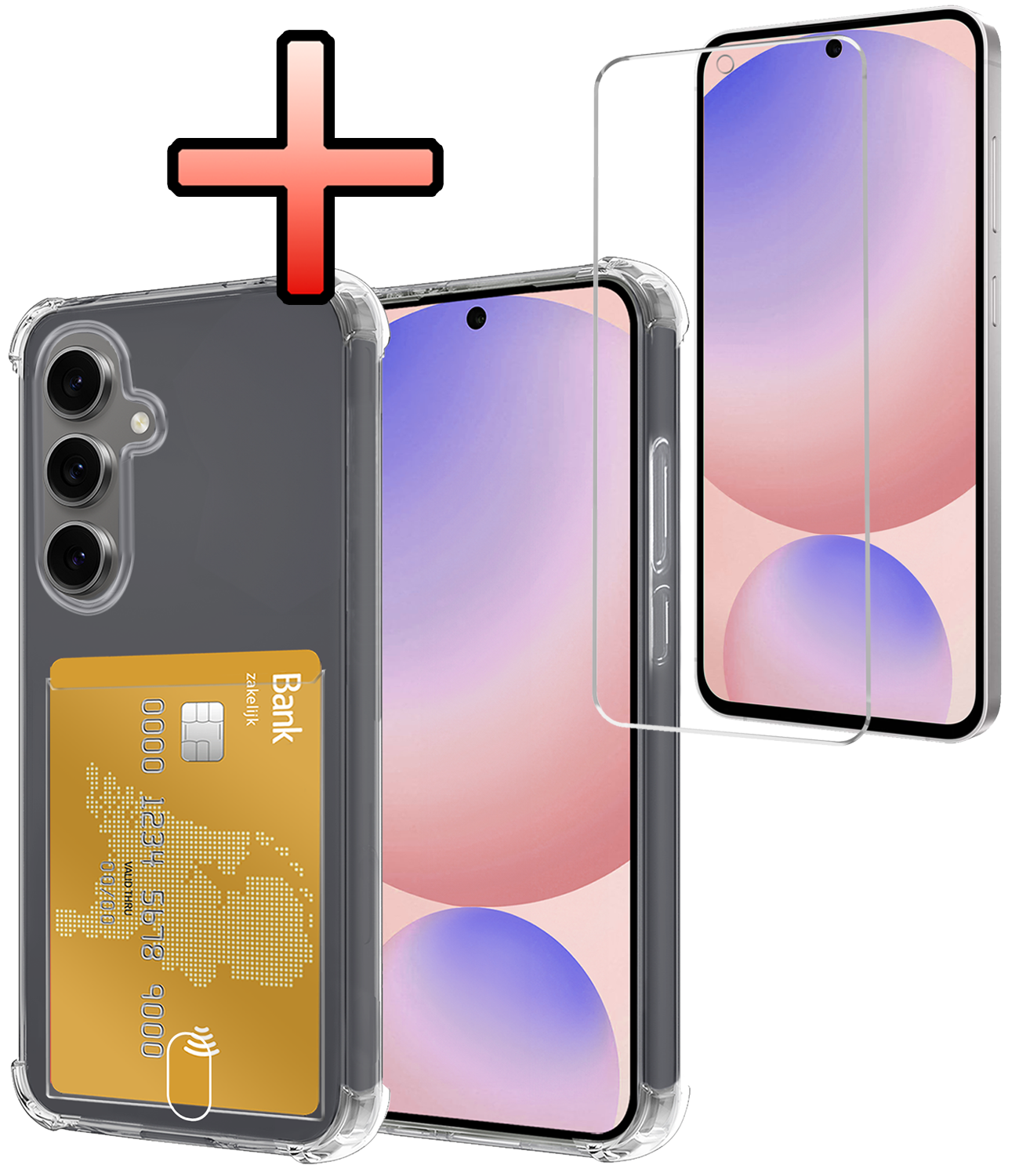 NoXx Hoes Geschikt voor Samsung S24 FE Hoesje Pasjeshouder Cover Shock Proof Case Siliconen Hoes Met Kaarthouder Met Screenprotector - Transparant