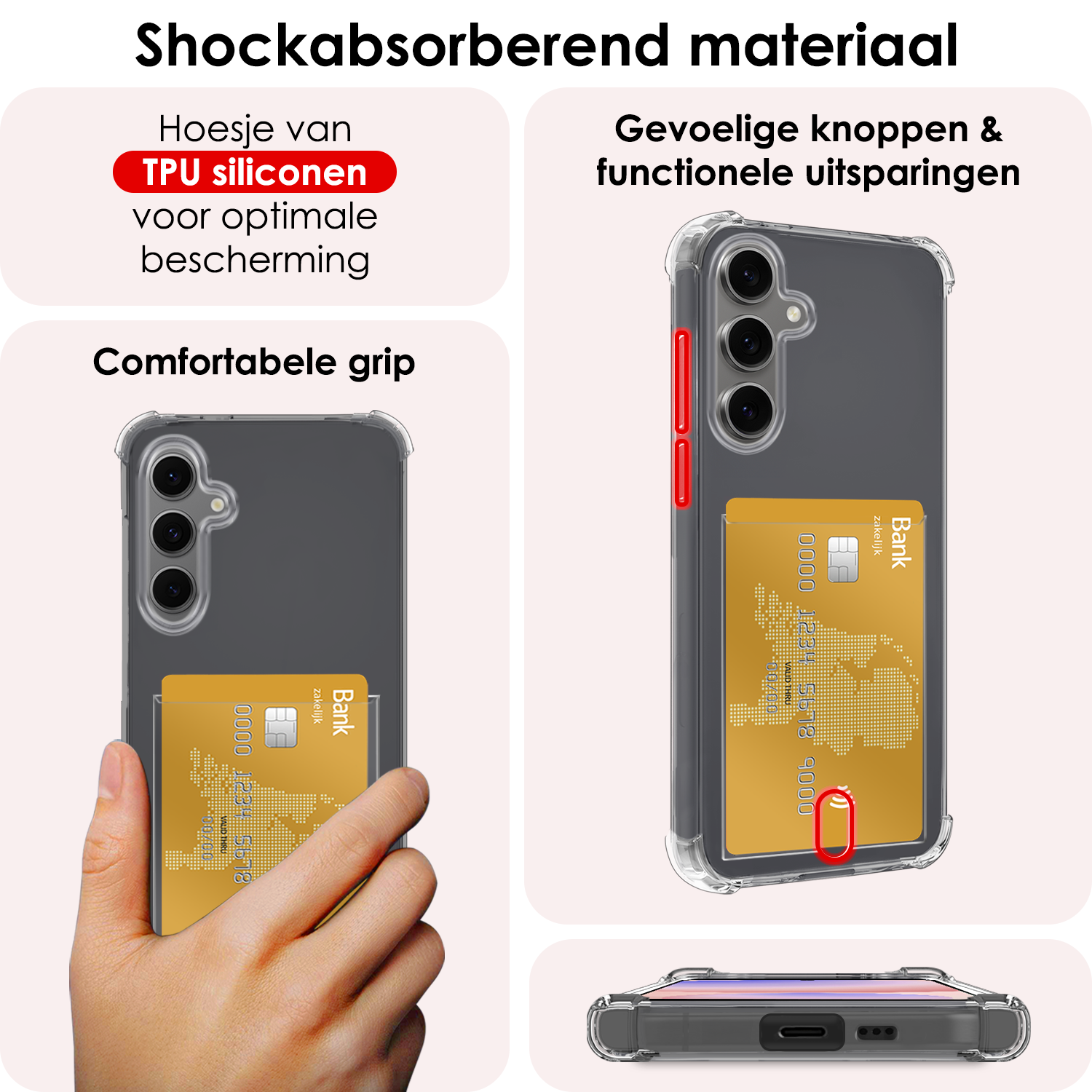 NoXx Hoes Geschikt voor Samsung S24 FE Hoesje Pasjeshouder Cover Shock Proof Case Siliconen Hoes Met Kaarthouder - Transparant - 2 PACK