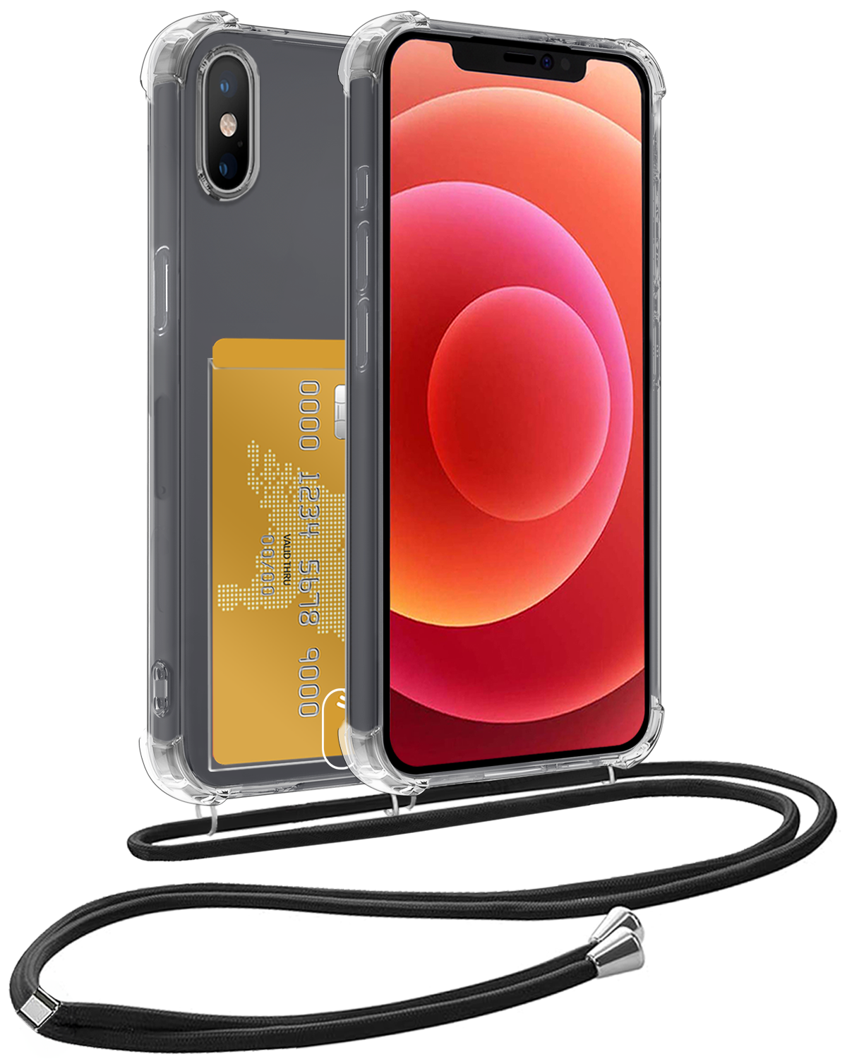 BASEY. Hoes Geschikt voor iPhone Xs Max Hoesje Pas Houder Shock Proof Case Hoes Met Koord - Hoesje Geschikt voor iPhone Xs Max Hoes Met Telefoonkoord Pasjeshouder Cover - Transparant