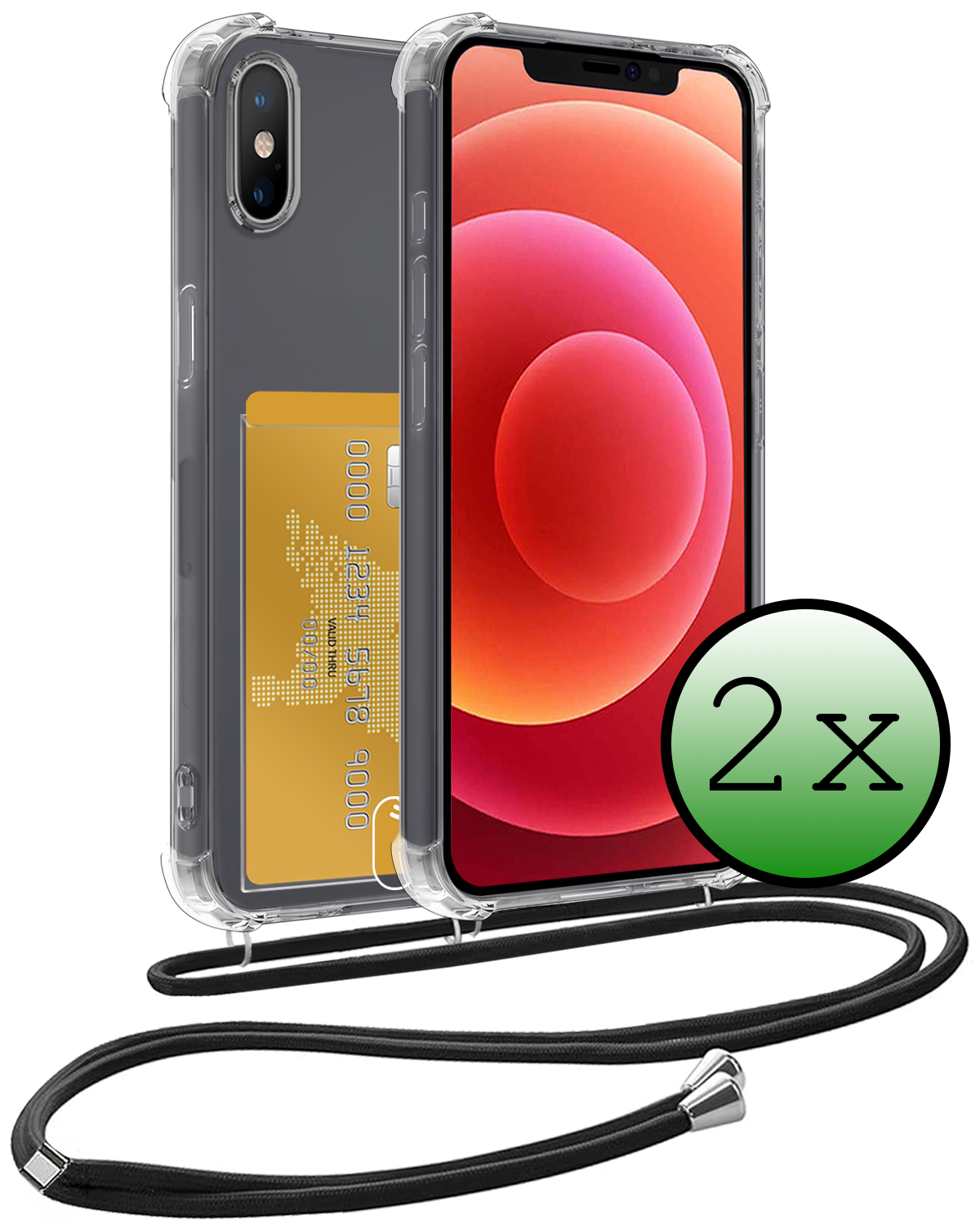 BASEY. Hoes Geschikt voor iPhone Xs Max Hoesje Pas Houder Shock Proof Case Hoes Met Koord - Hoesje Geschikt voor iPhone Xs Max Hoes Met Telefoonkoord Pasjeshouder Cover - Transparant - 2 Stuks