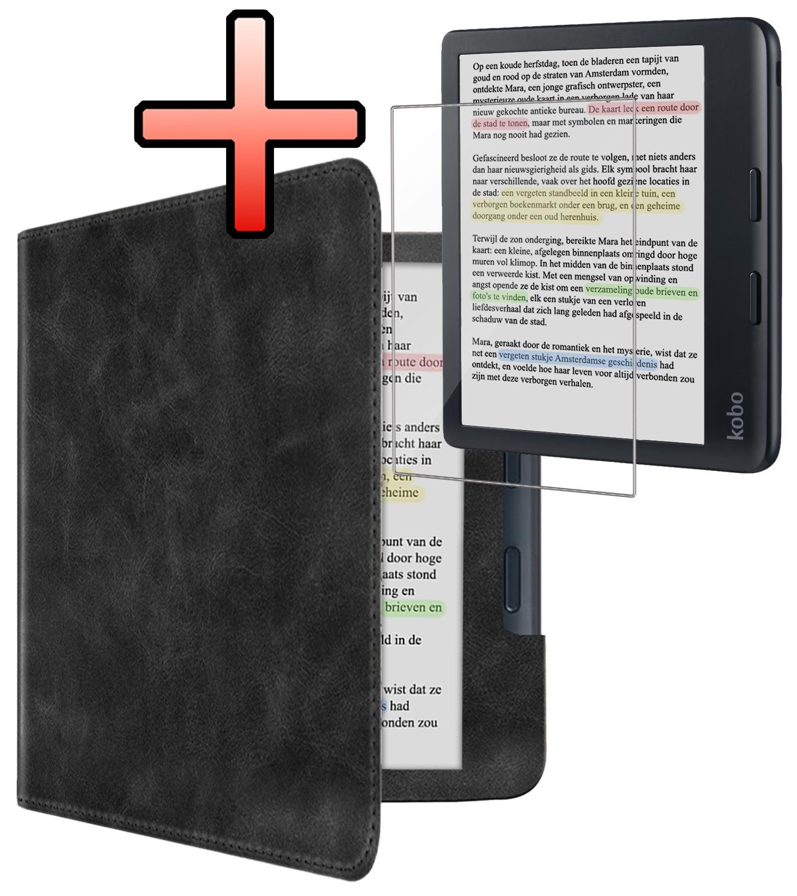 NoXx NoXx Kobo Libra Colour Hoesje Leer Met Screenprotector - Zwart
