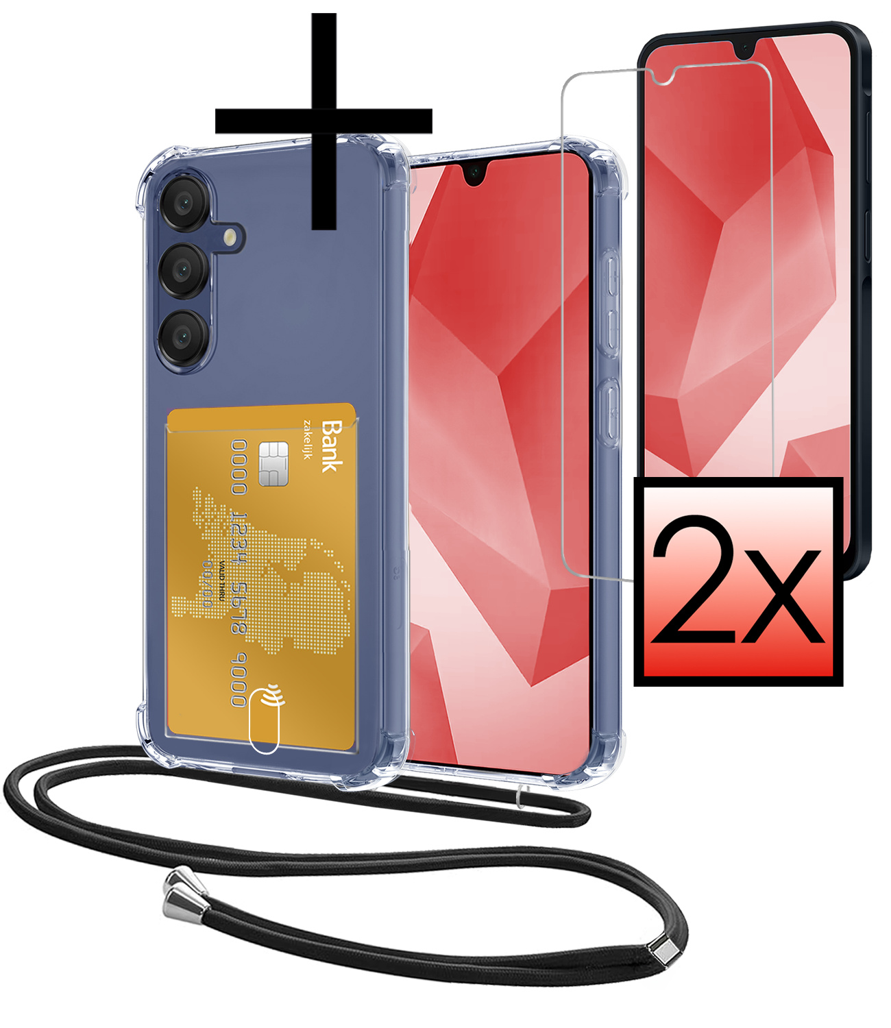 NoXx NoXx Samsung Galaxy A16 Hoesje Pashouder met Koord Met 2x Screenprotector