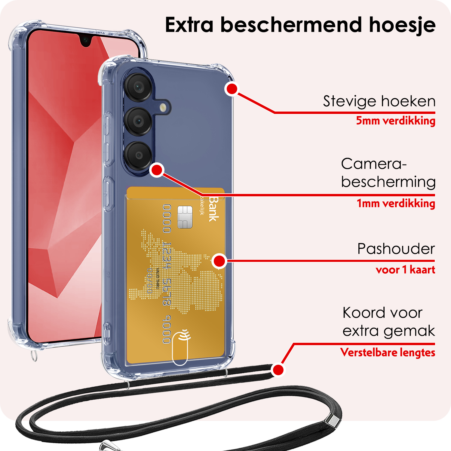 NoXx NoXx Samsung Galaxy A16 Hoesje Pashouder met Koord Met 2x Screenprotector