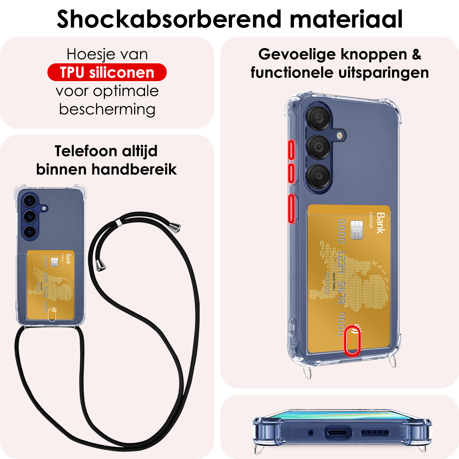 NoXx NoXx Samsung Galaxy A16 Hoesje Pashouder met Koord Met 2x Screenprotector