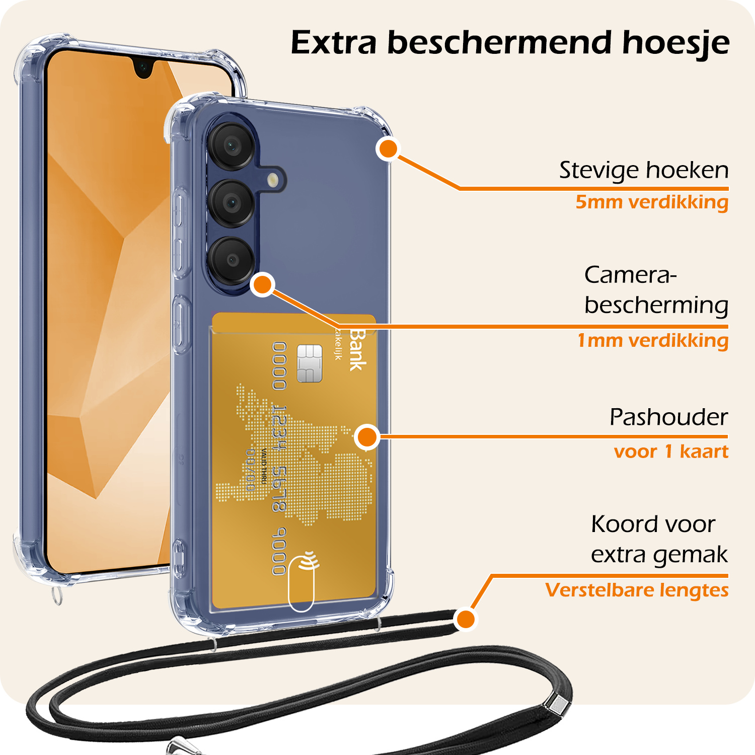 Nomfy Nomfy Samsung Galaxy A16 Hoesje Pashouder met Koord Met Screenprotector
