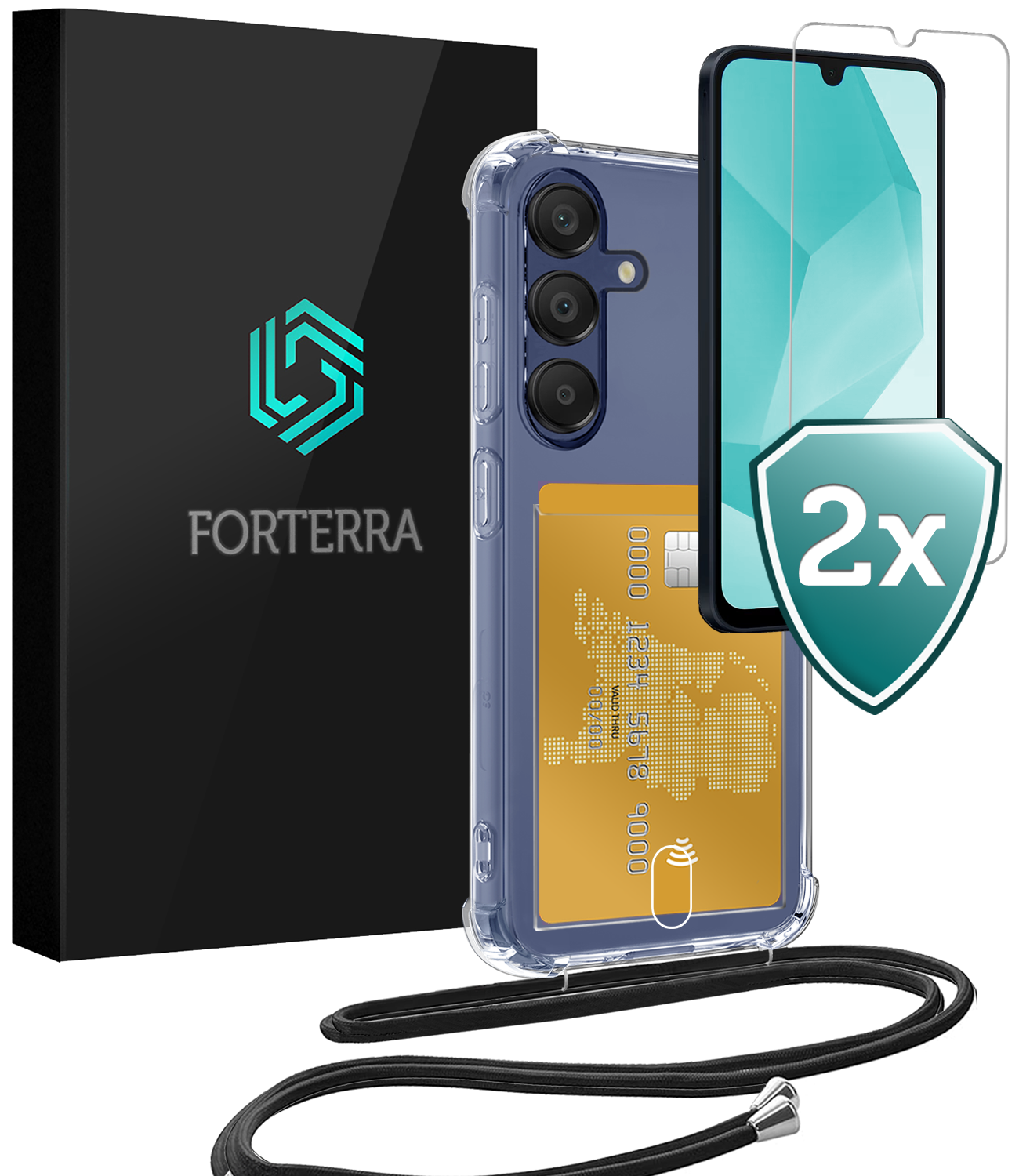 Forterra Forterra Samsung Galaxy A16 Hoesje Pashouder met Koord Met 2x Screenprotector