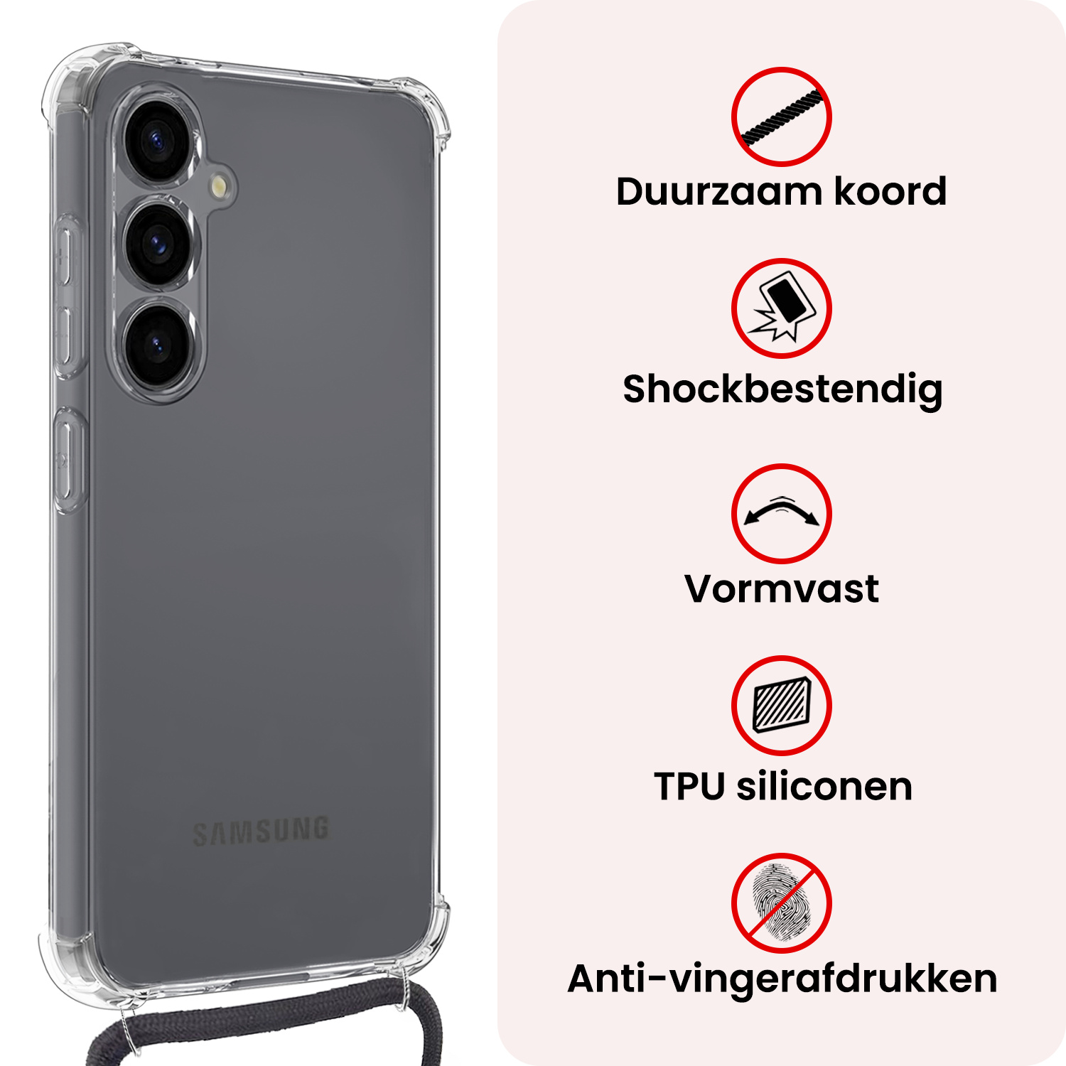 NoXx NoXx Samsung Galaxy S25 Hoesje Transparant Shockproof Met Zwart Koord
