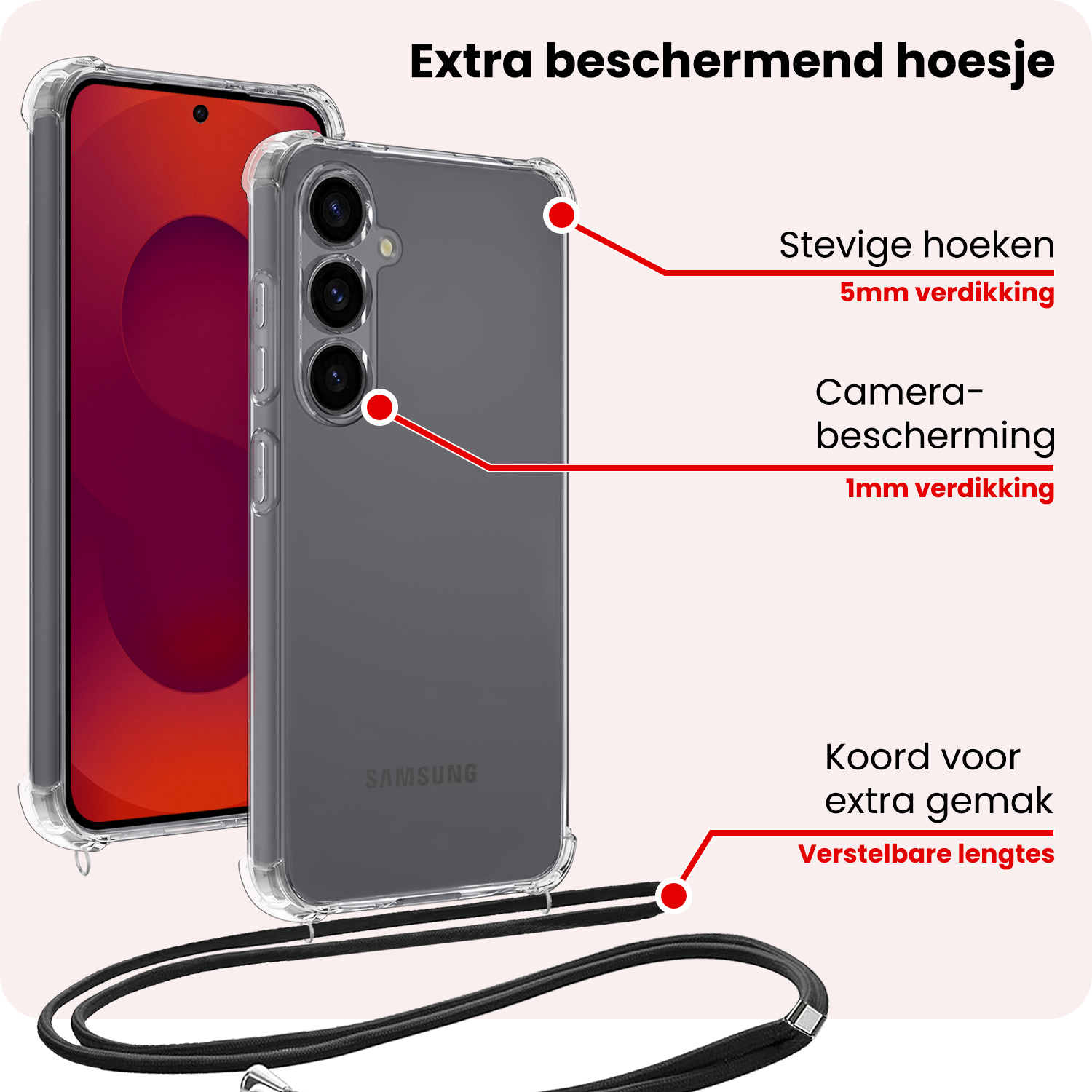 NoXx NoXx Samsung Galaxy S25 Hoesje Transparant Shockproof Met Zwart Koord