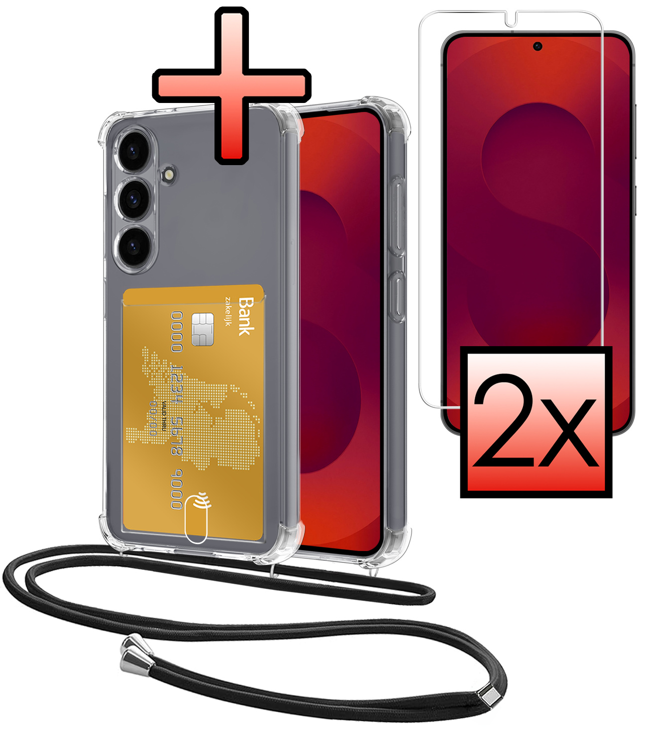 NoXx NoXx Samsung Galaxy S25 Hoesje Pashouder met Koord Met 2x Screenprotector