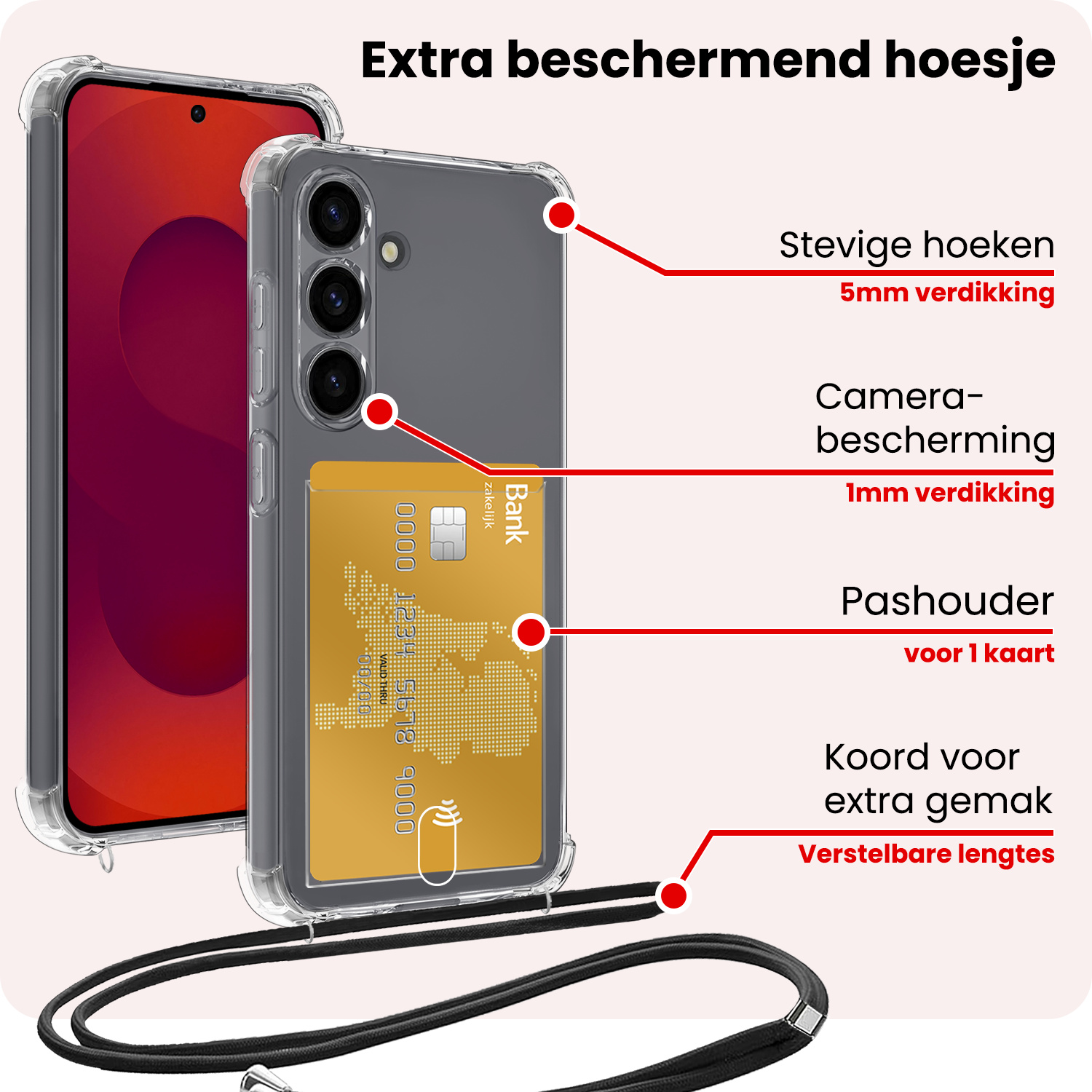 NoXx NoXx Samsung Galaxy S25 Hoesje Pashouder met Koord Met 2x Screenprotector
