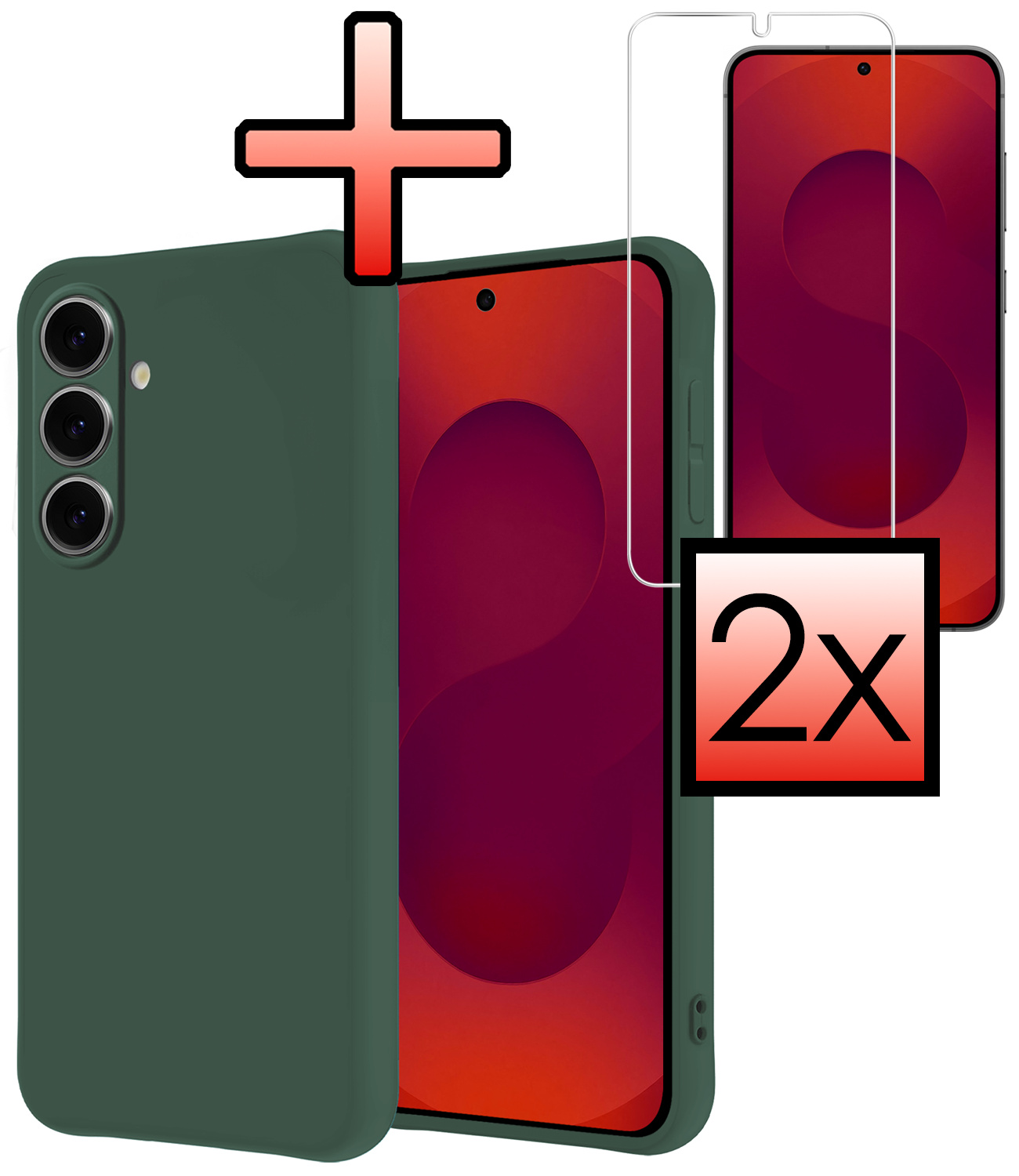 NoXx NoXx Samsung Galaxy S25 Hoesje Siliconen Met 2x Screenprotector - Donkergroen