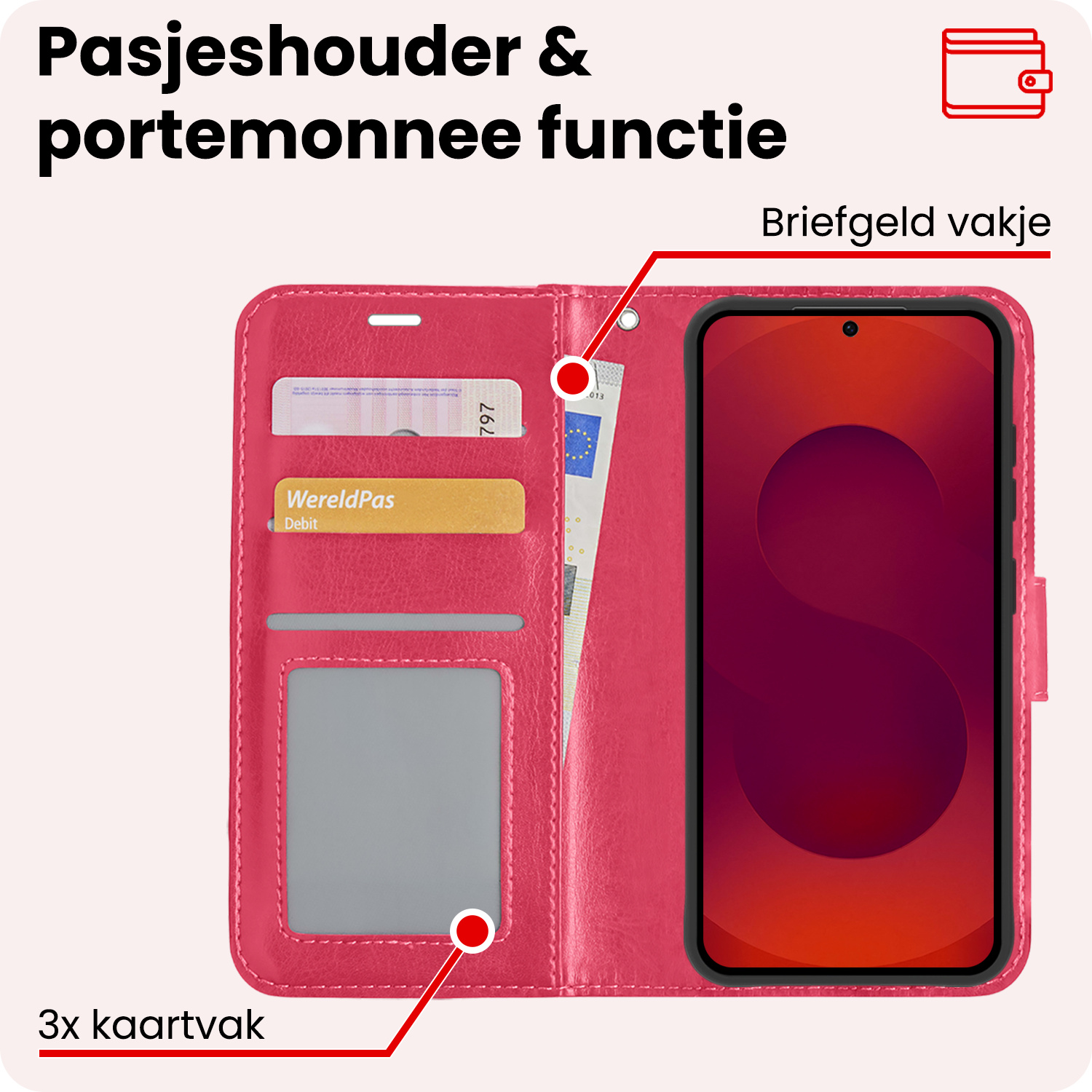 NoXx NoXx Samsung Galaxy S25 Hoesje Bookcase Met 2x Screenprotector - Donkerroze