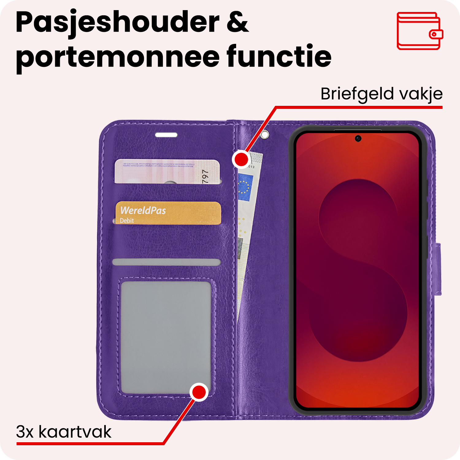 NoXx NoXx Samsung Galaxy S25 Hoesje Bookcase Met 2x Screenprotector - Paars