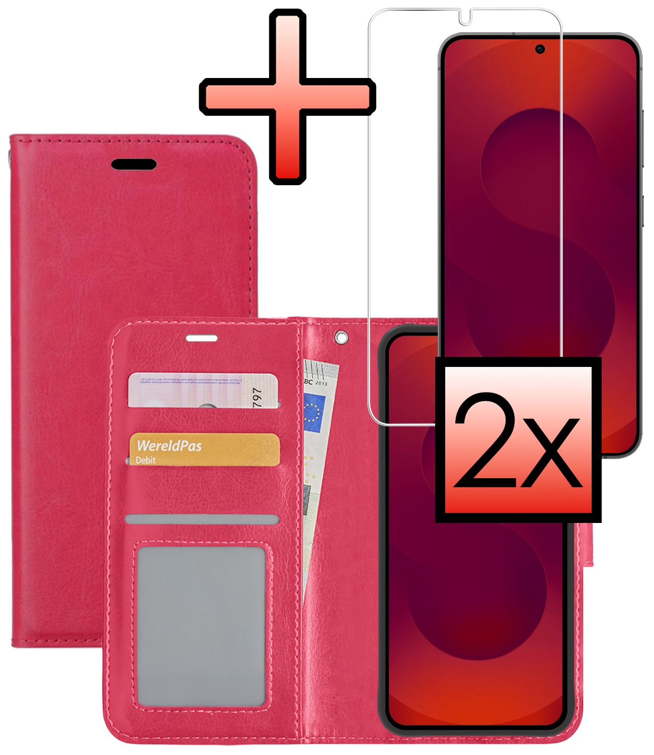 NoXx NoXx Samsung Galaxy S25 Plus Hoesje Bookcase Met 2x Screenprotector - Donkerroze
