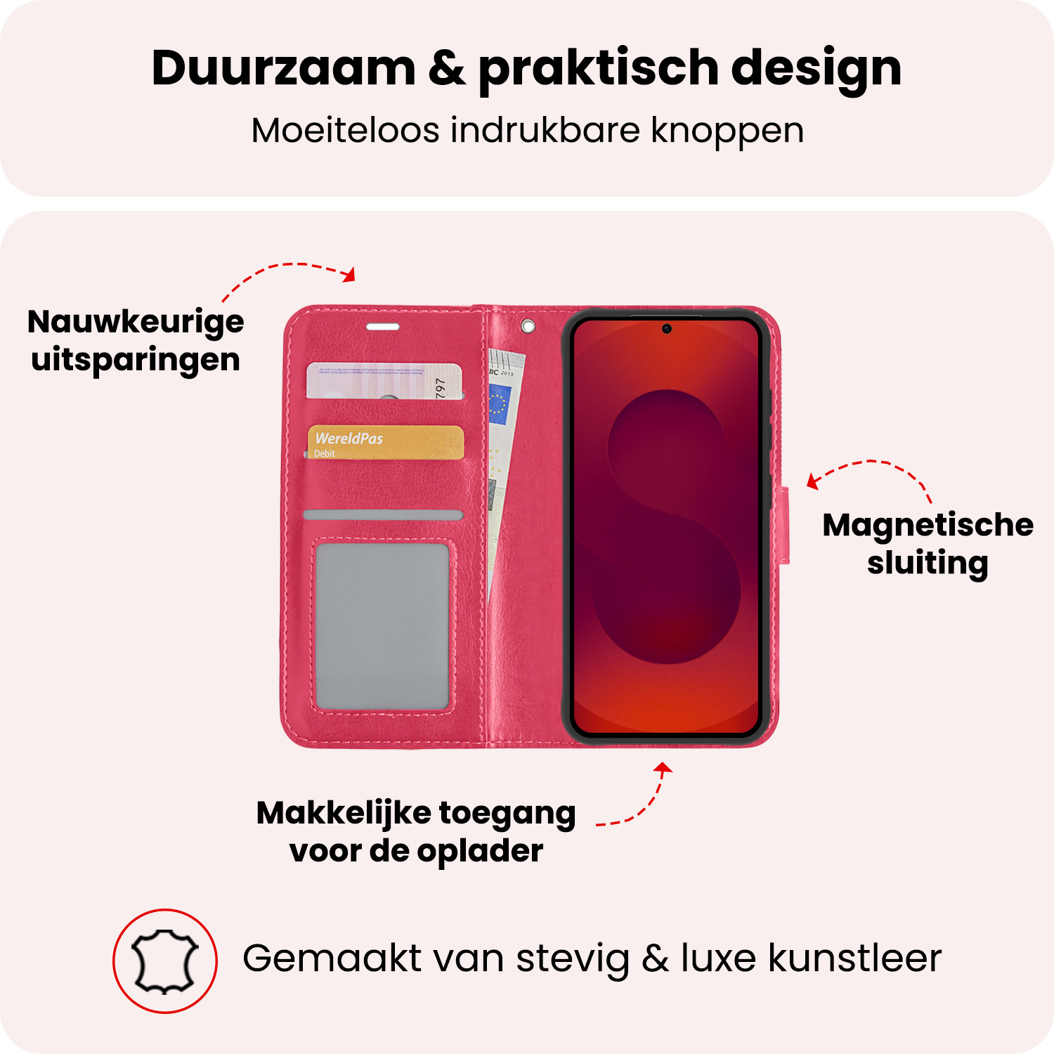 NoXx NoXx Samsung Galaxy S25 Plus Hoesje Bookcase Met 2x Screenprotector - Donkerroze